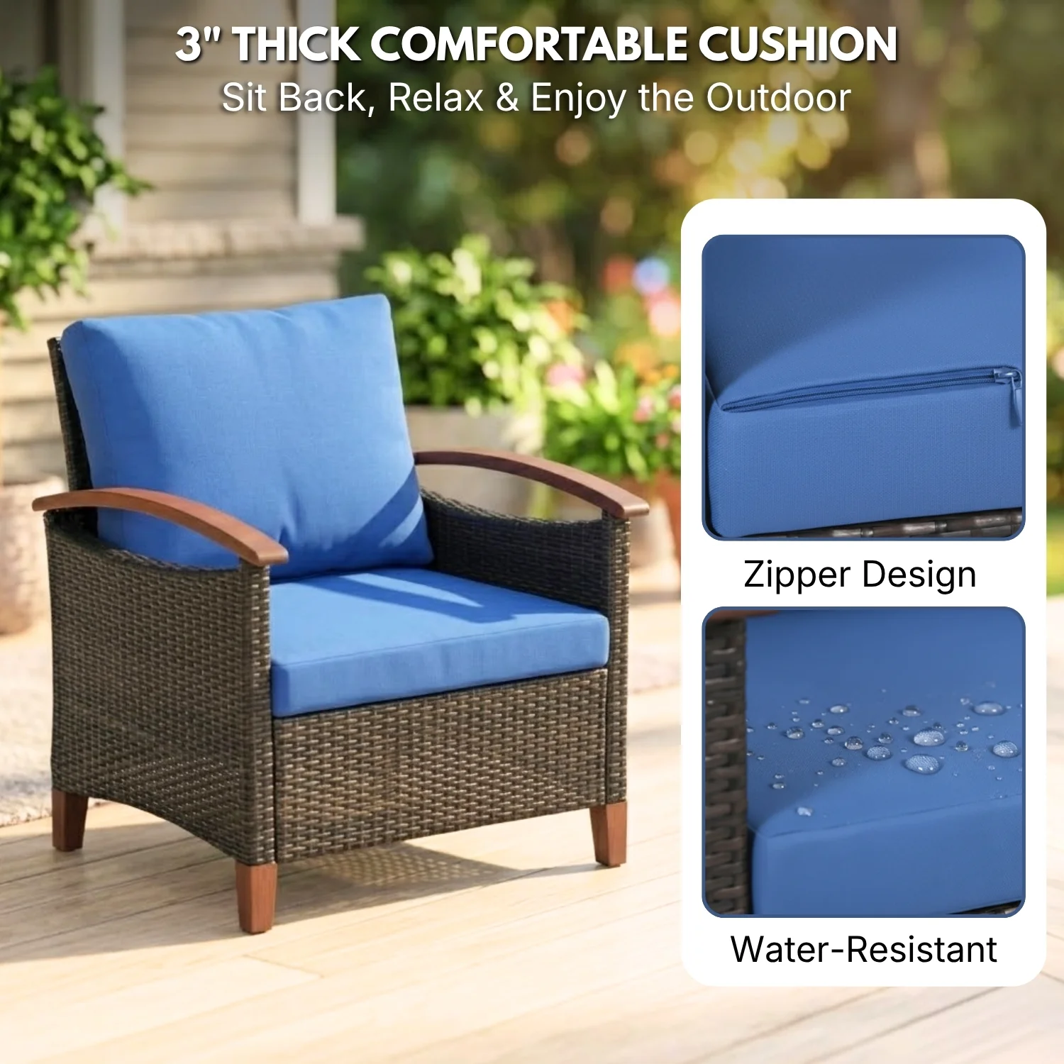 3-Piece Outdoor Wicker Patio Conversation Set (Dark Brown & Blue) - Image 4