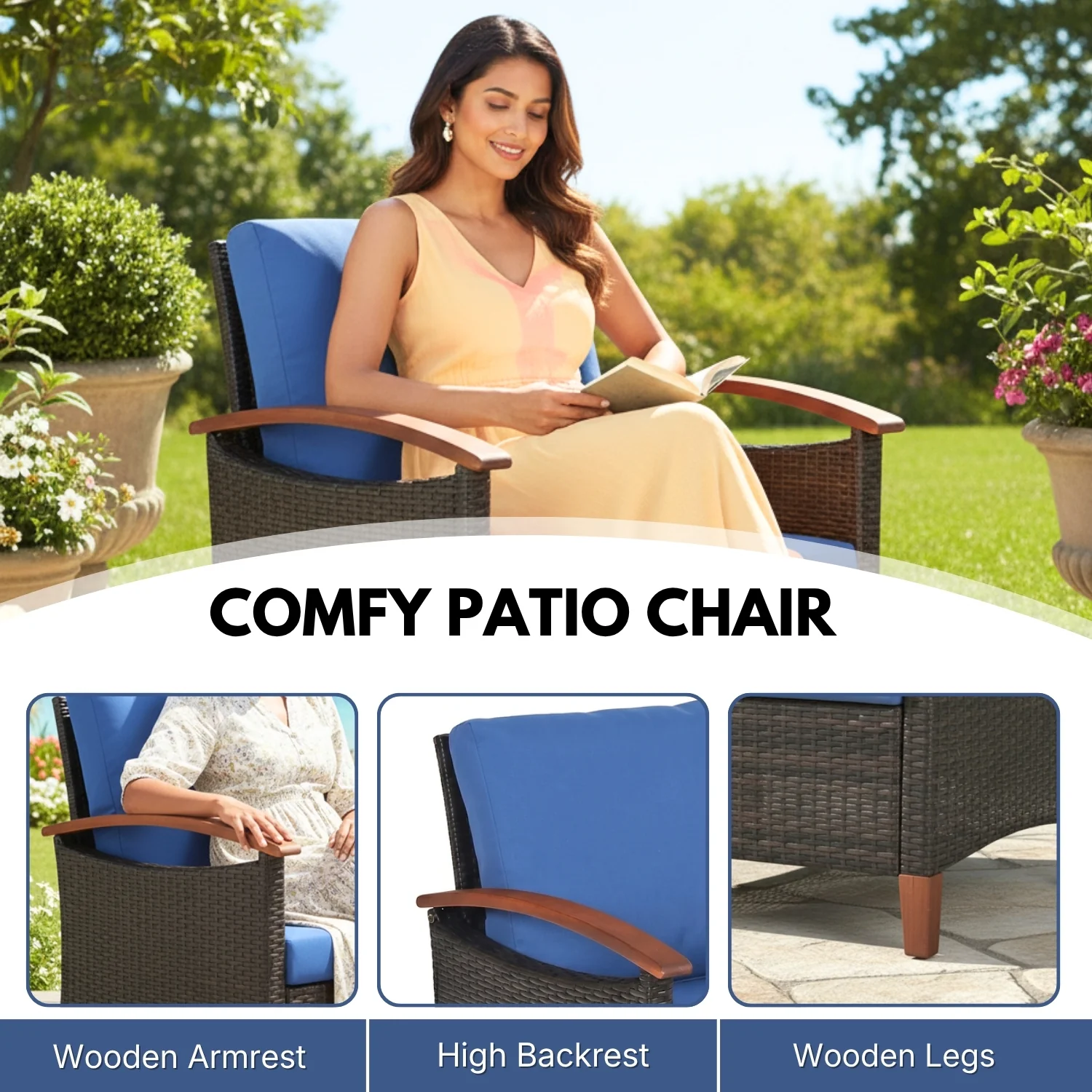 3-Piece Outdoor Wicker Patio Conversation Set (Dark Brown & Blue) - Image 5