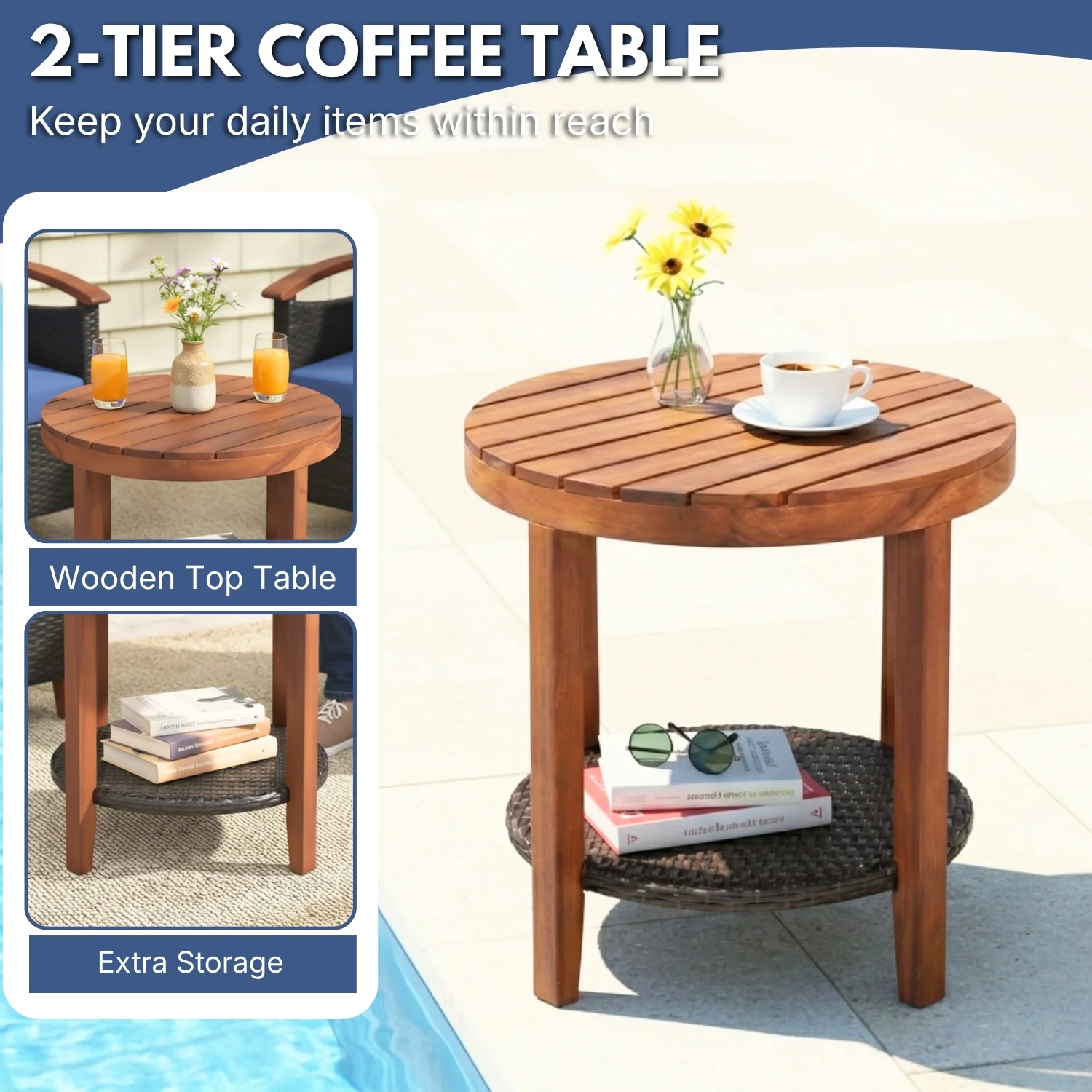 3-Piece Outdoor Wicker Patio Conversation Set (Dark Brown & Blue) - Image 6