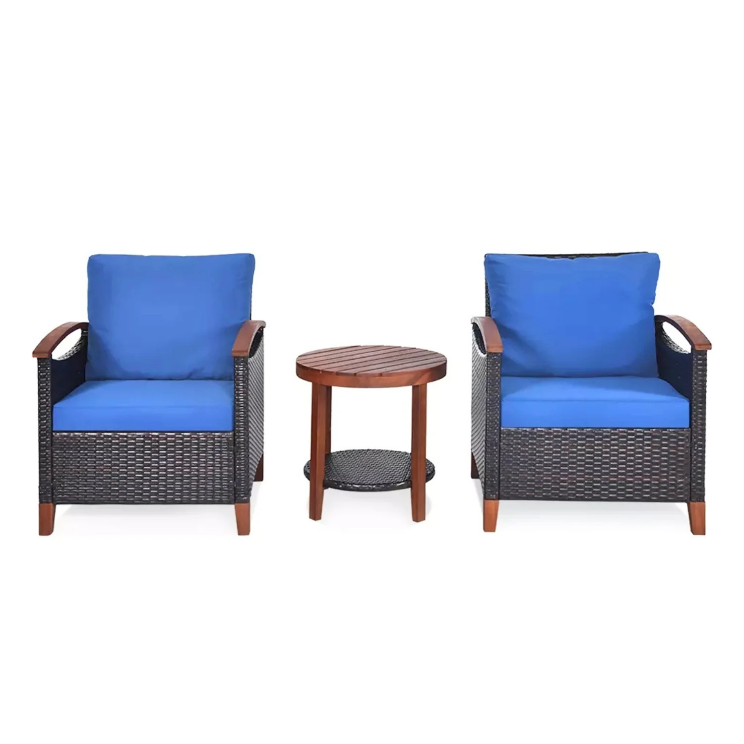 3-Piece Outdoor Wicker Patio Conversation Set (Dark Brown & Blue) - Image 8