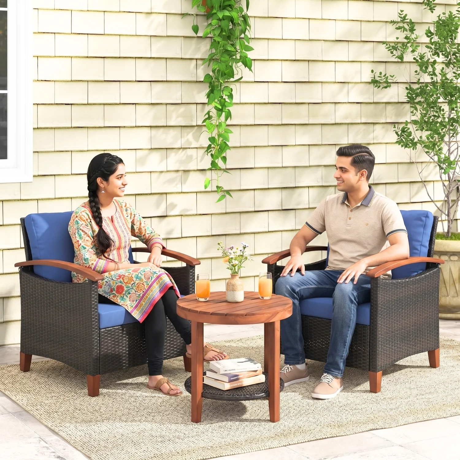 3-Piece Outdoor Wicker Patio Conversation Set (Dark Brown & Blue) - Image 9