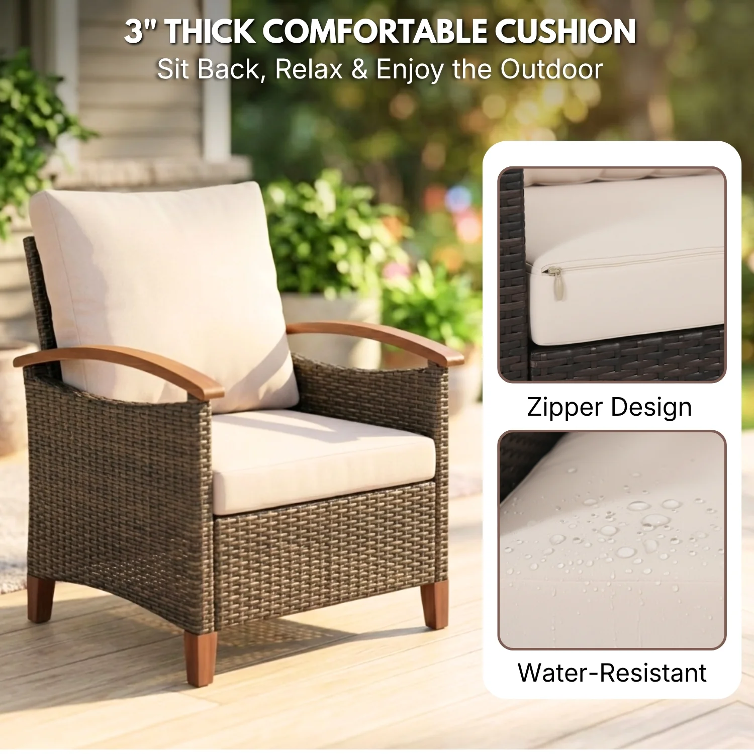 3-Piece Outdoor Wicker Patio Conversation Set (Dark Brown & Cream) - Image 4