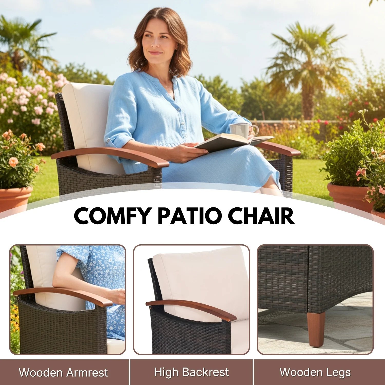 3-Piece Outdoor Wicker Patio Conversation Set (Dark Brown & Cream) - Image 5