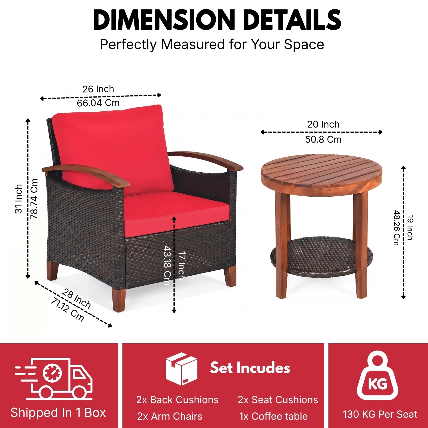 3-Piece Outdoor Wicker Patio Conversation Set (Dark Brown & Red) - Image 2