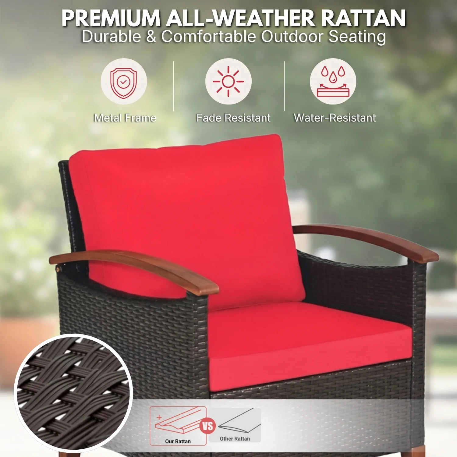 3-Piece Outdoor Wicker Patio Conversation Set (Dark Brown & Red) - Image 3
