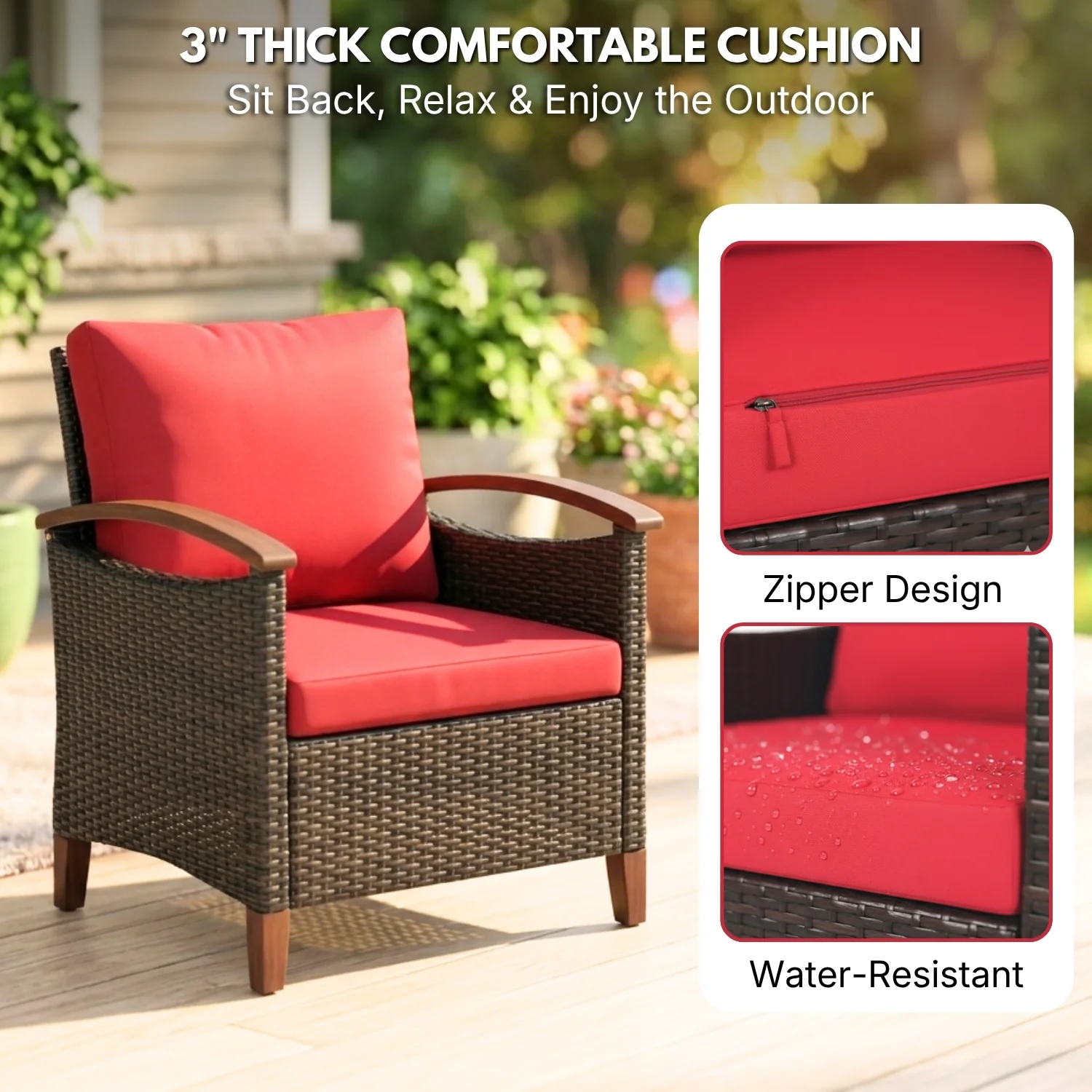 3-Piece Outdoor Wicker Patio Conversation Set (Dark Brown & Red) - Image 4