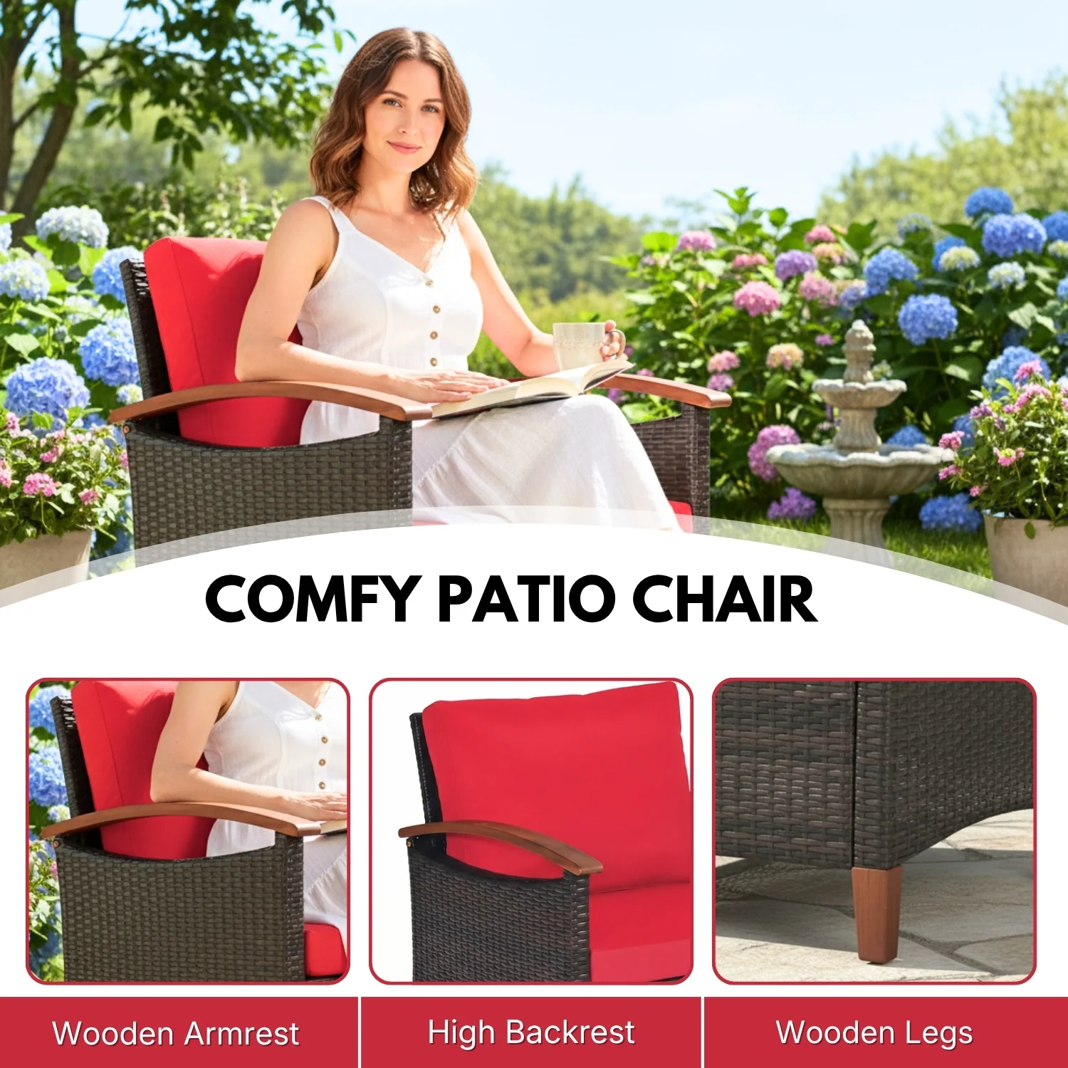 3-Piece Outdoor Wicker Patio Conversation Set (Dark Brown & Red) - Image 5
