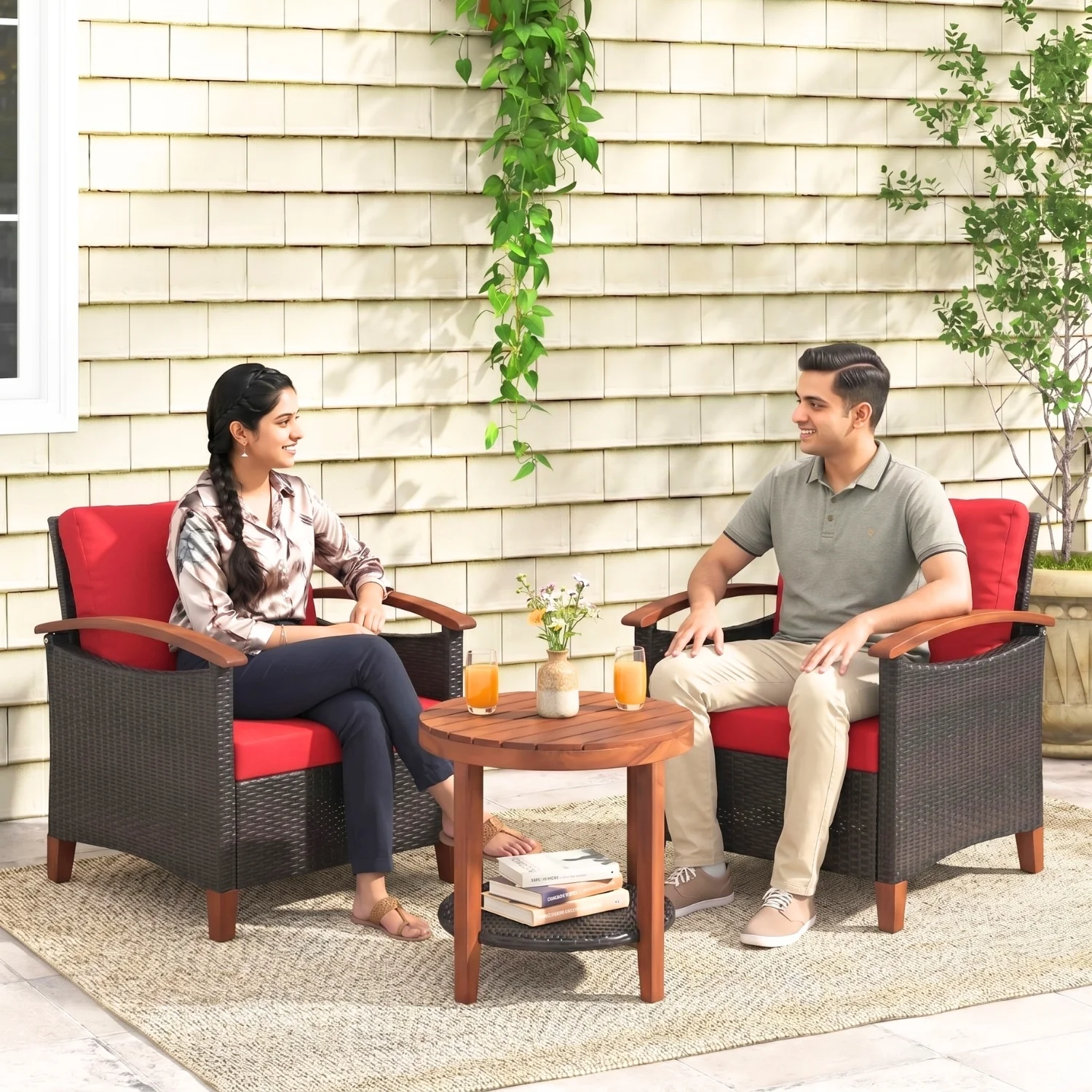 3-Piece Outdoor Wicker Patio Conversation Set (Dark Brown & Red) - Image 9