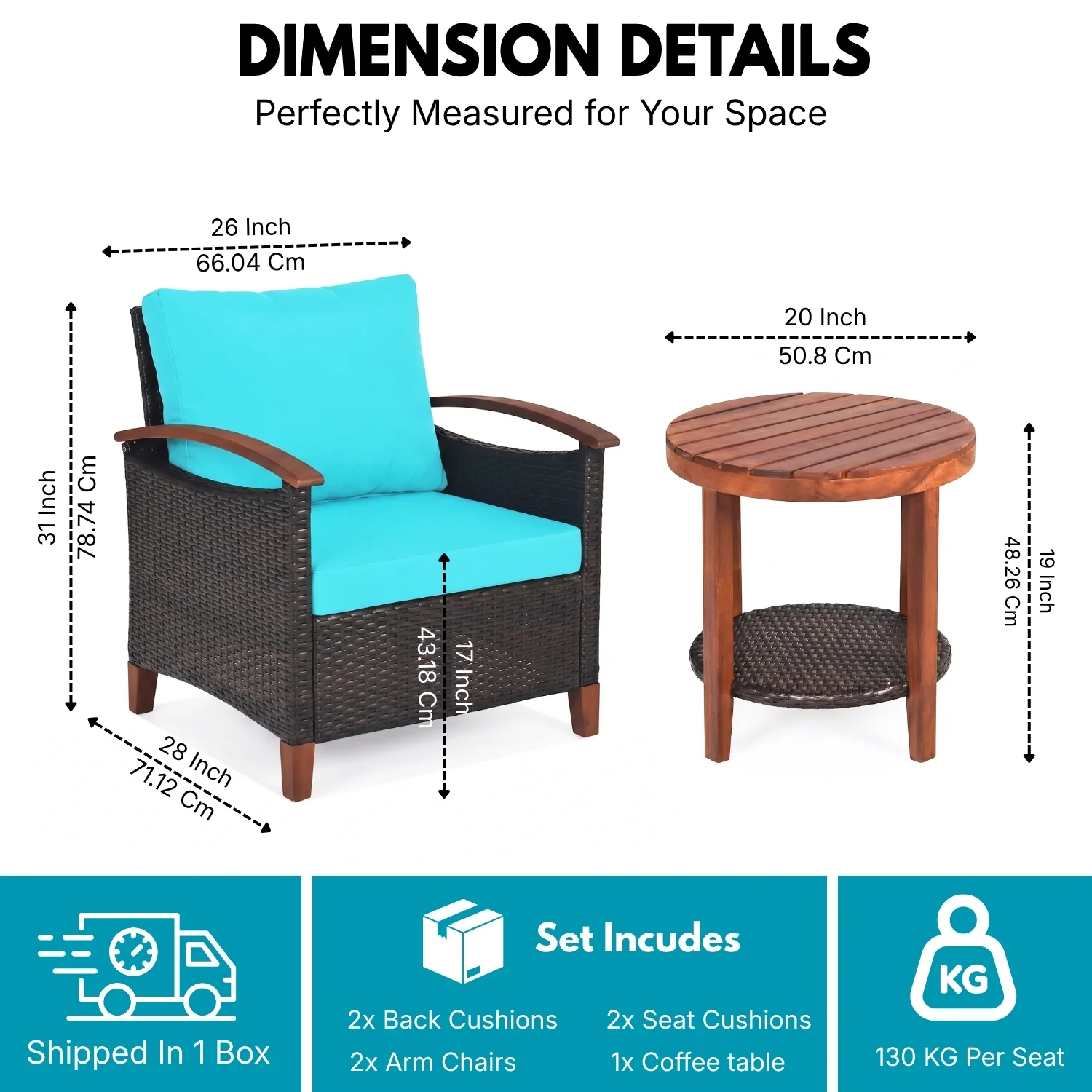 3-Piece Outdoor Wicker Patio Conversation Set (Dark Brown & Sky-Blue) - Image 2
