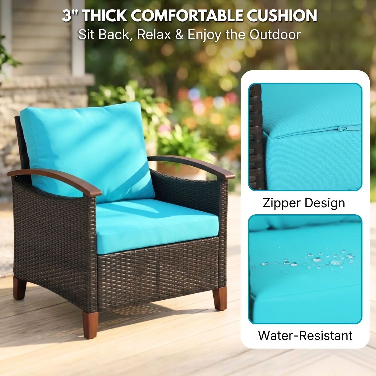3-Piece Outdoor Wicker Patio Conversation Set (Dark Brown & Sky-Blue) - Image 4