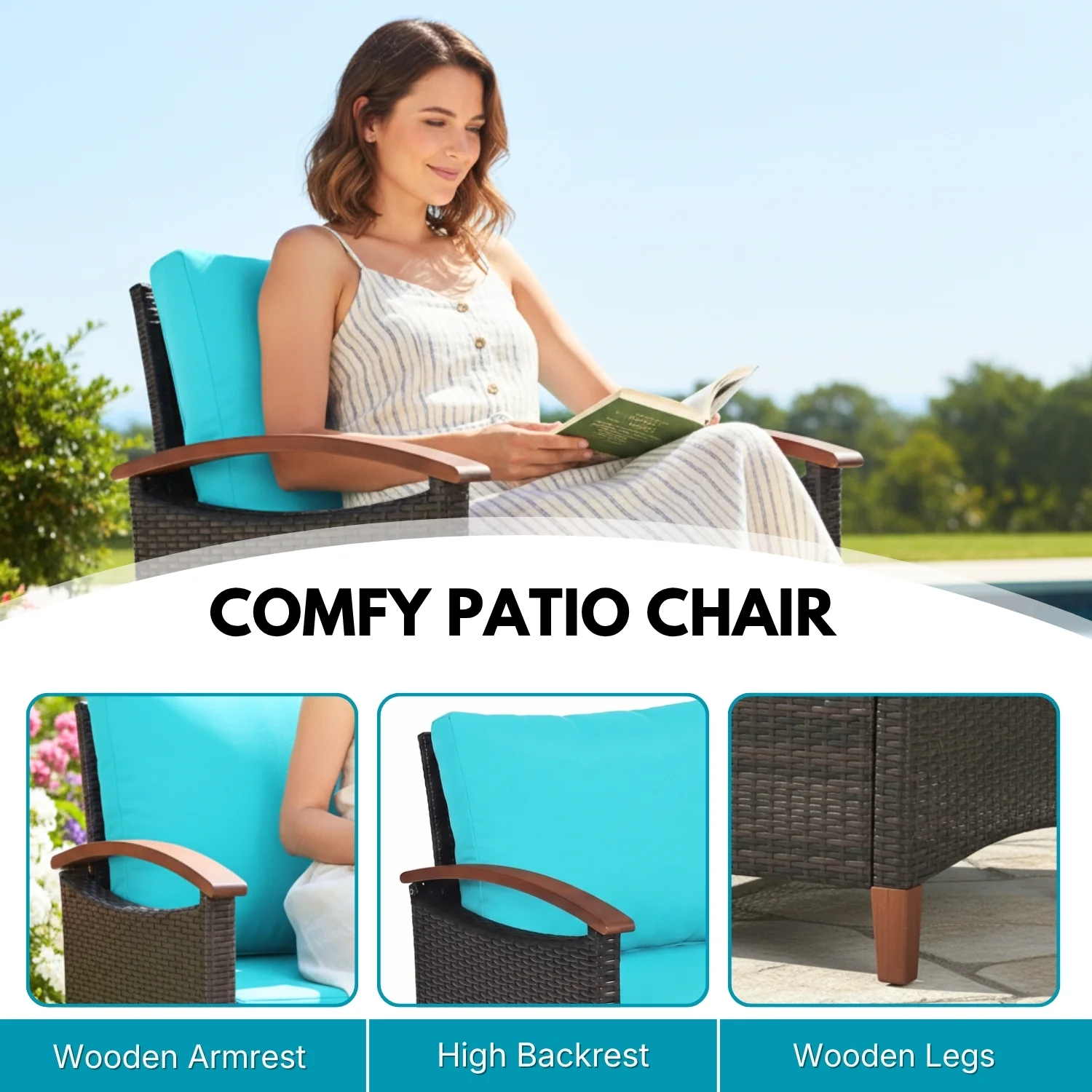 3-Piece Outdoor Wicker Patio Conversation Set (Dark Brown & Sky-Blue) - Image 5
