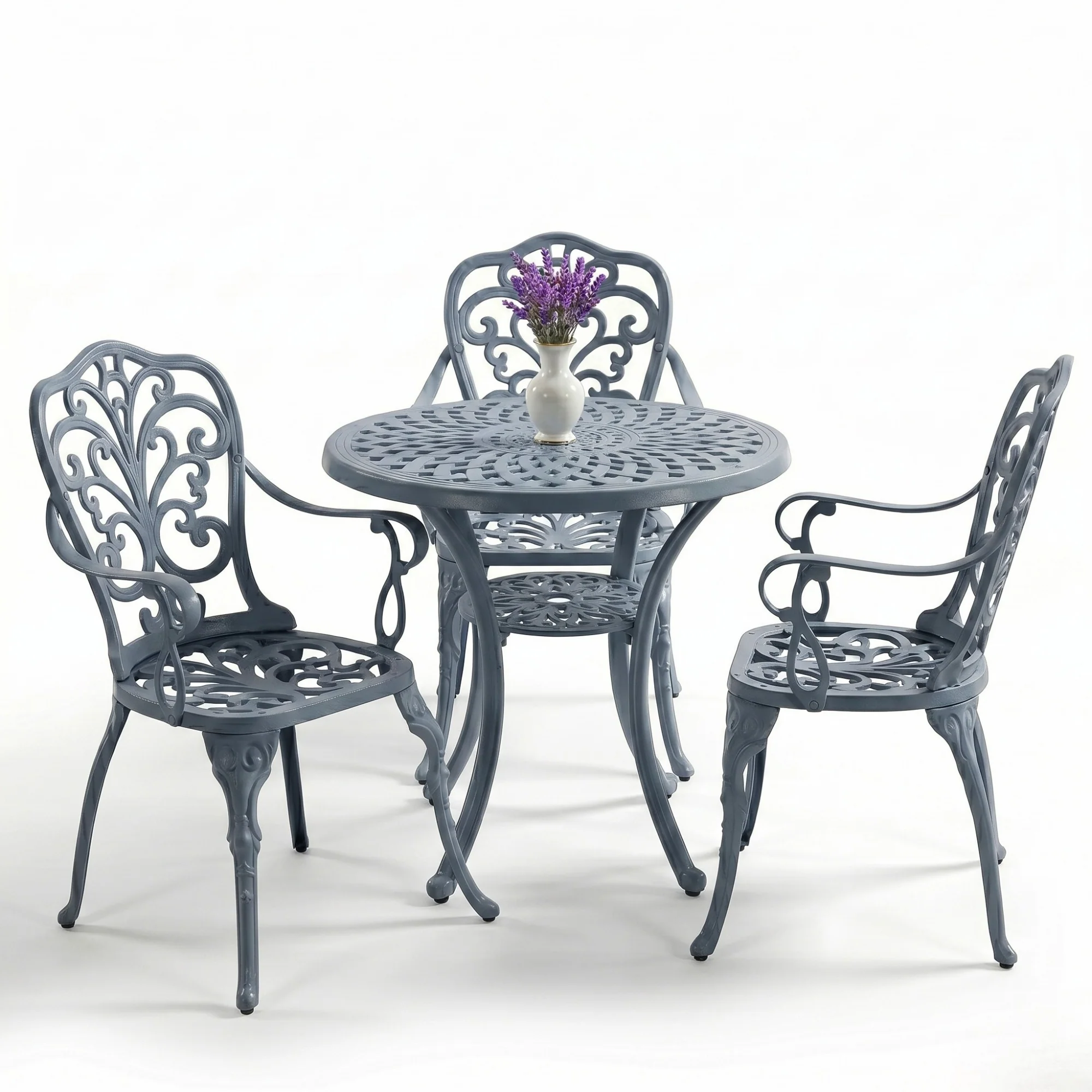 3-Seater Outdoor Cast Aluminum Bistro Set with Round Table (Grey) - Image 8