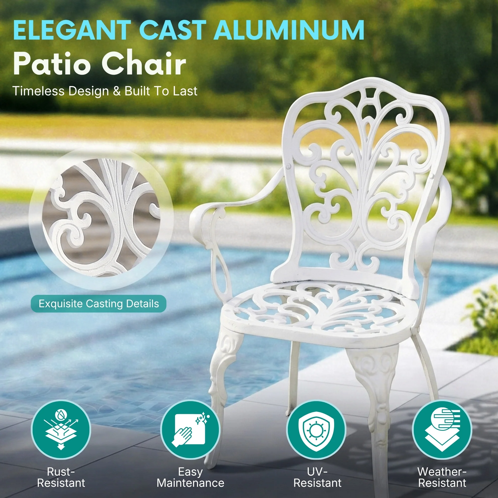 3-Seater Outdoor Cast Aluminum Bistro Set with Round Table (White) - Image 4