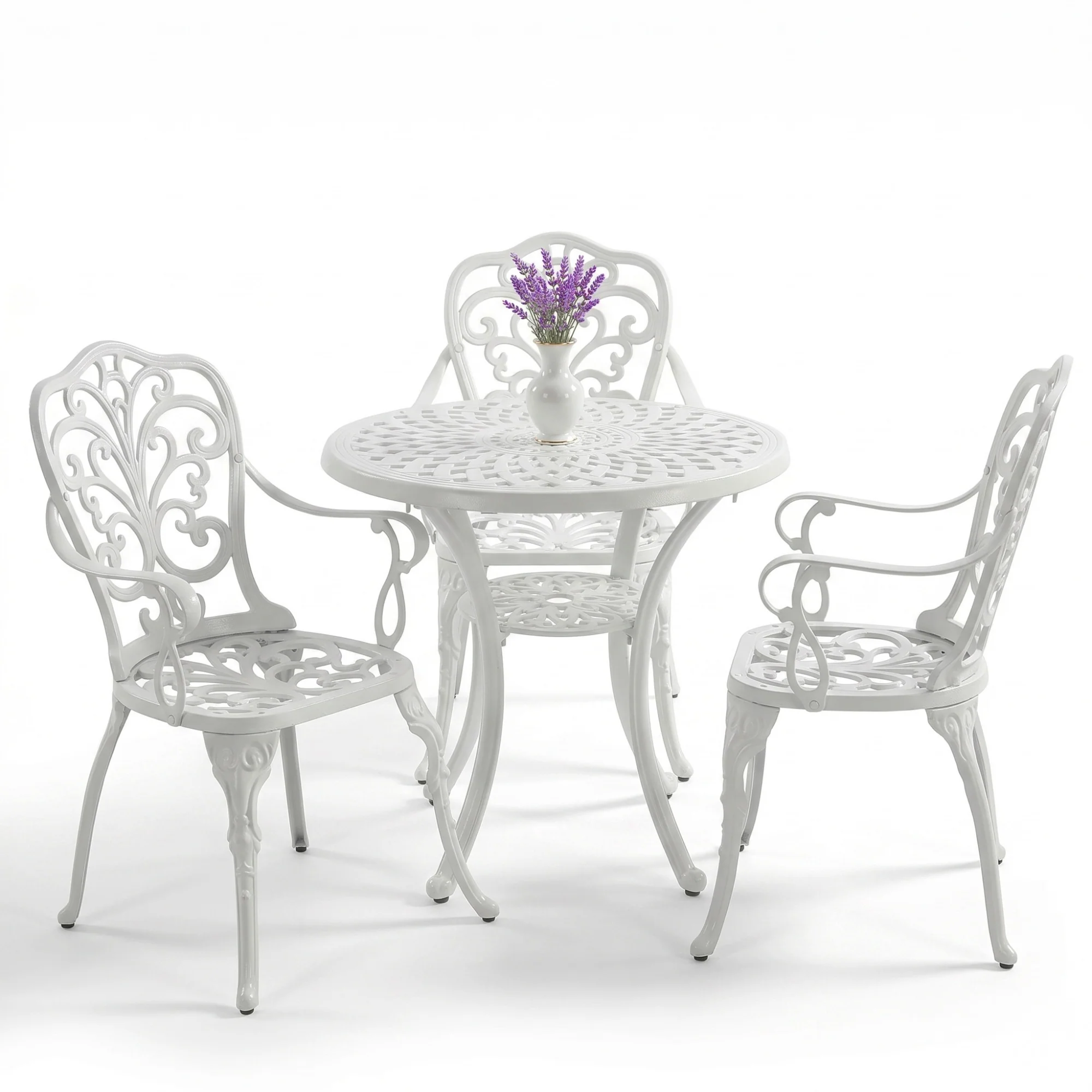 3-Seater Outdoor Cast Aluminum Bistro Set with Round Table (White) - Image 8