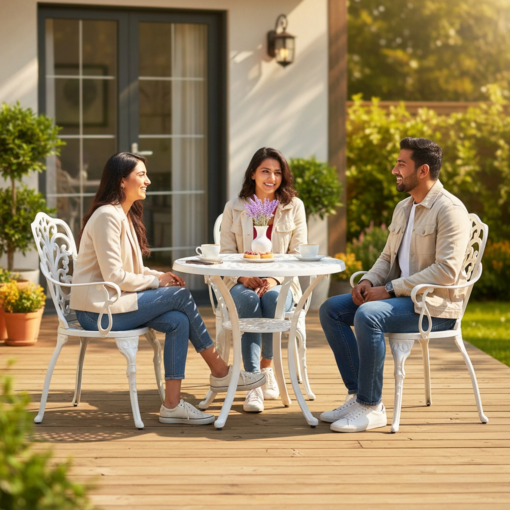 3-Seater Outdoor Cast Aluminum Bistro Set with Round Table (White) - Image 9