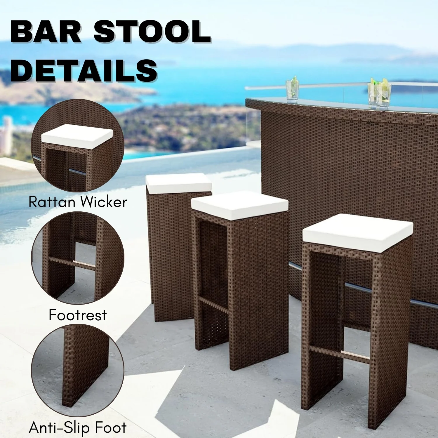 3-Seater Outdoor Rattan Wicker Bar Set - Image 5
