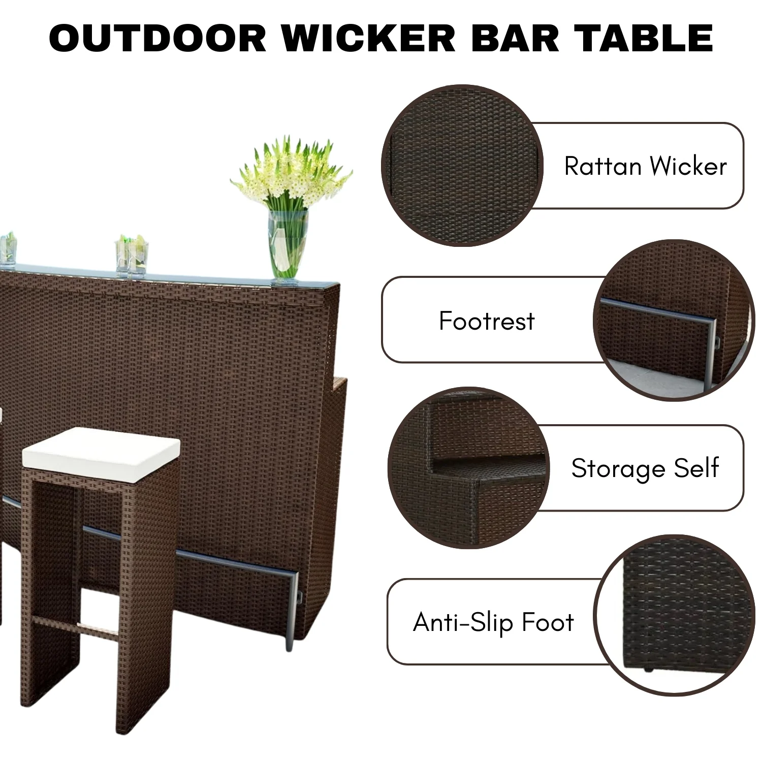 3-Seater Outdoor Rattan Wicker Bar Set - Image 7