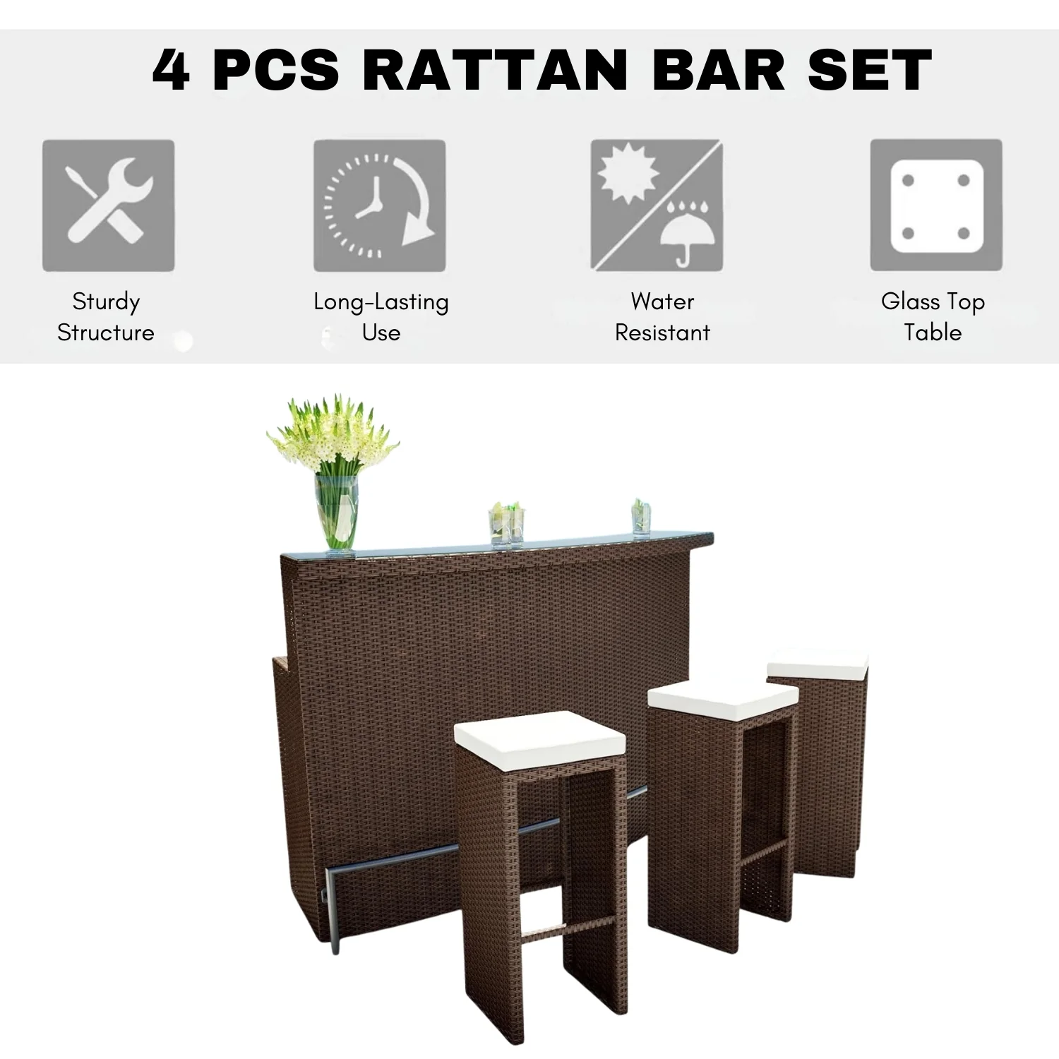 3-Seater Outdoor Rattan Wicker Bar Set - Image 8