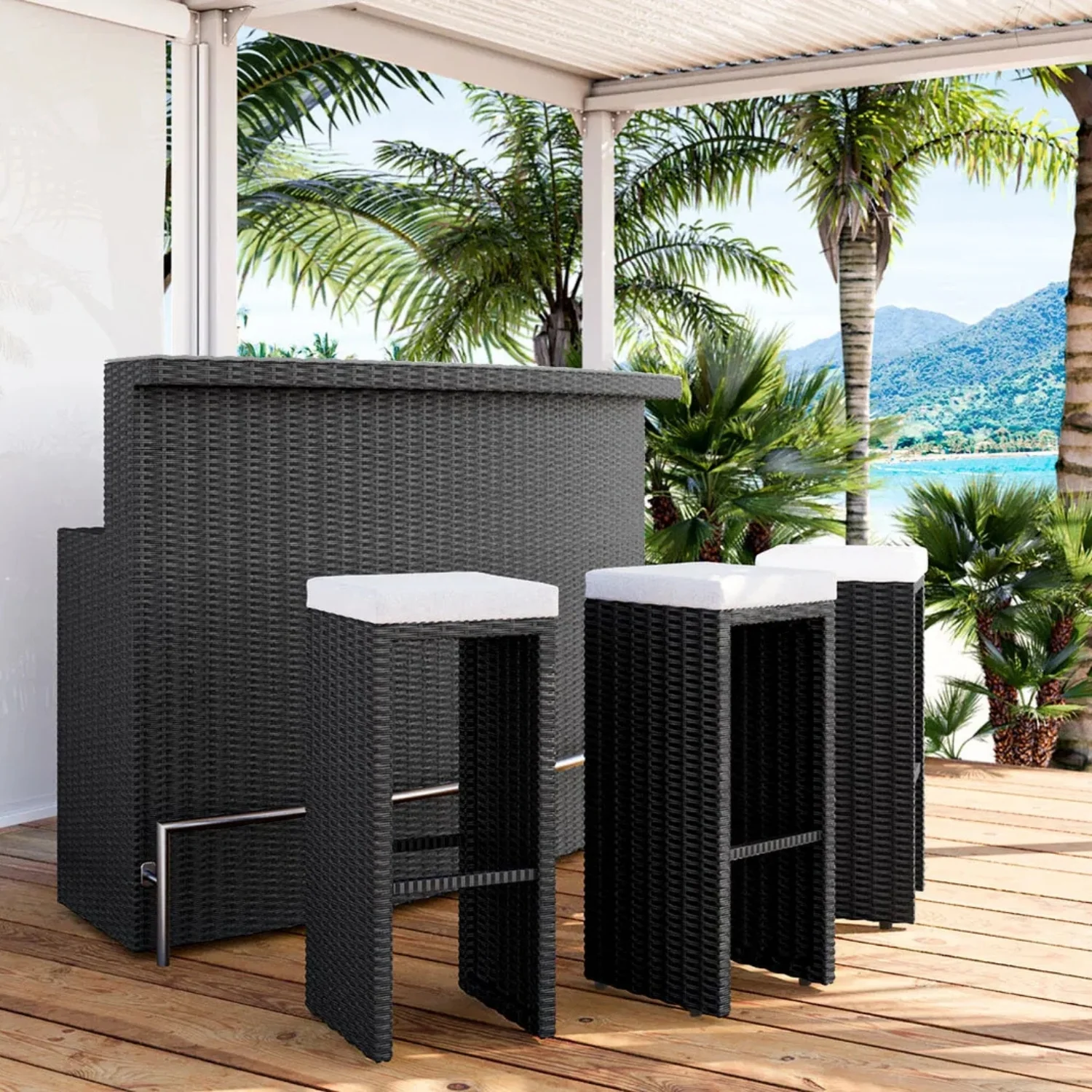 3-Seater Outdoor Rattan Wicker Bar Set - Image 10