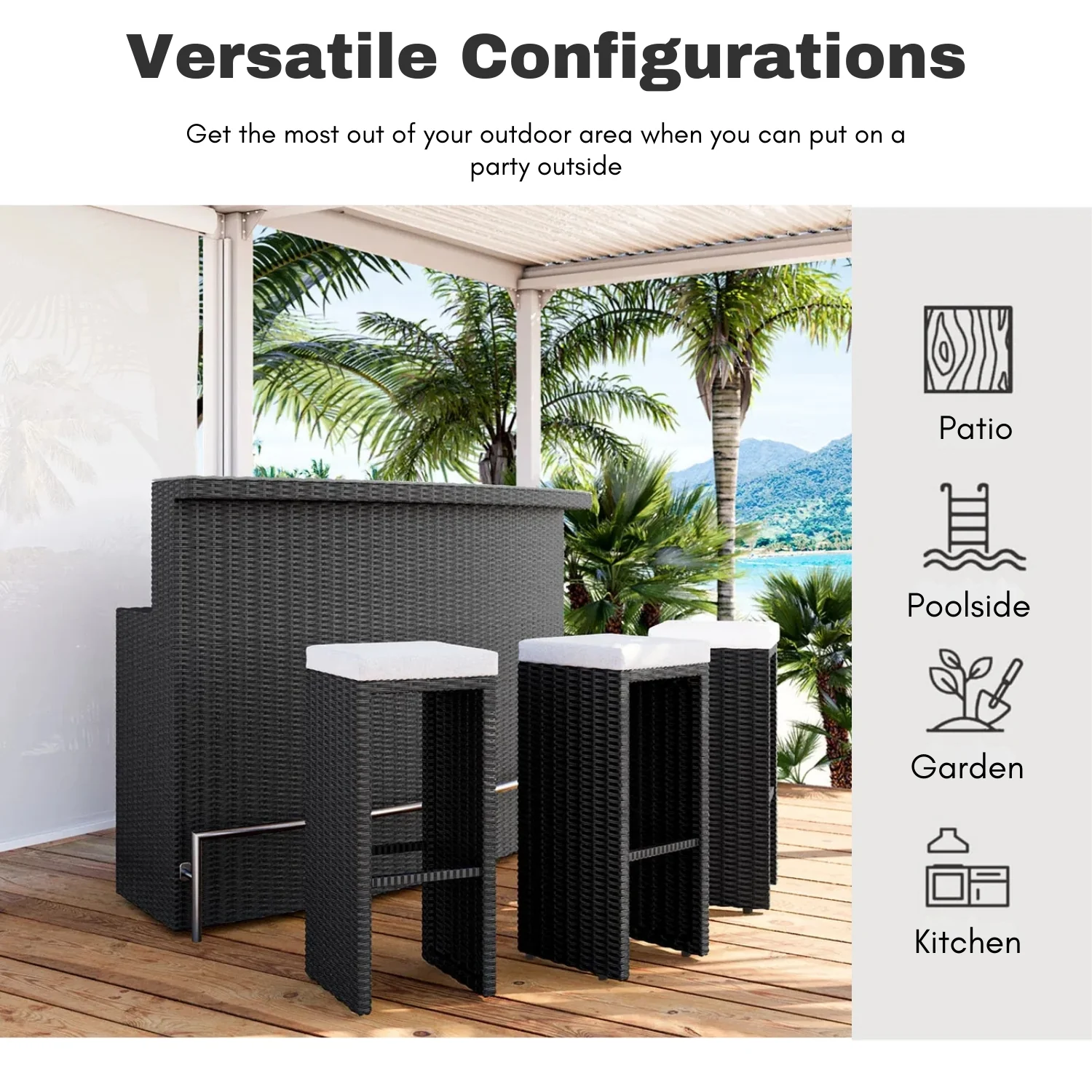 3-Seater Outdoor Rattan Wicker Bar Set - Image 9