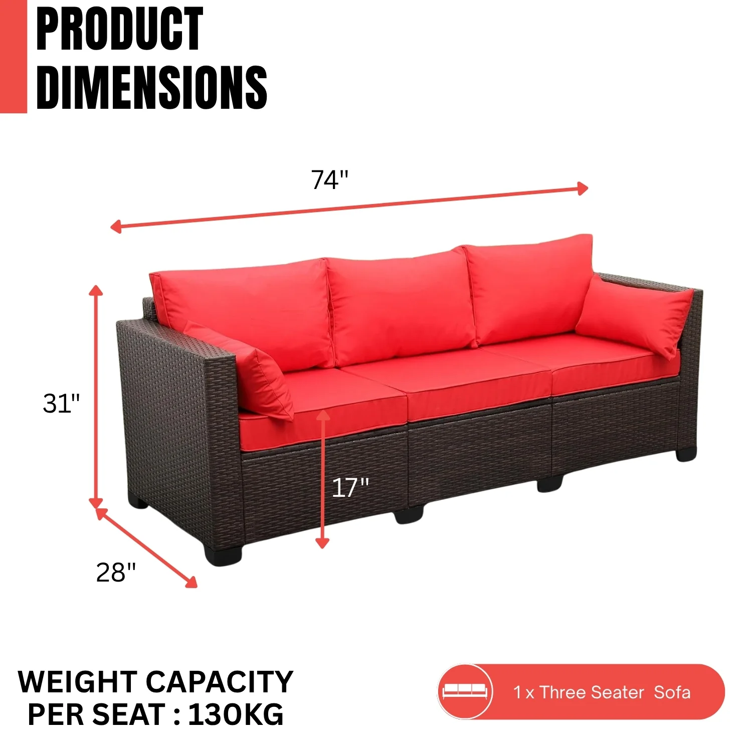 3-Seater Outdoor Rattan Wicker Patio Sofa - Image 2