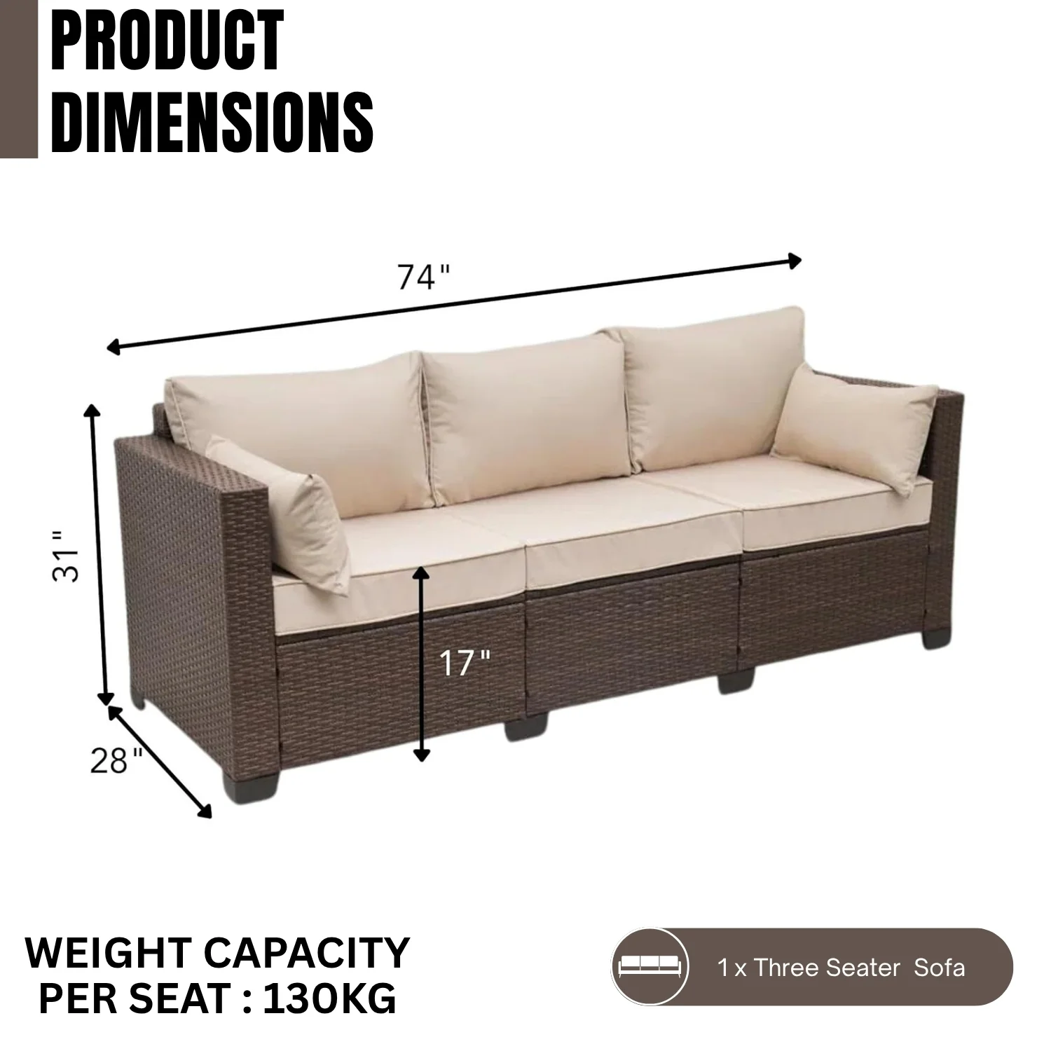 3-Seater Outdoor Rattan Wicker Patio Sofa - Image 2