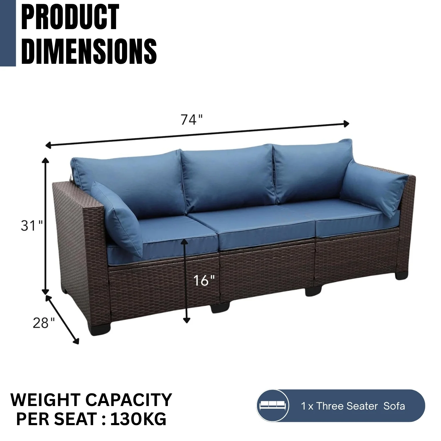 3-Seater Outdoor Rattan Wicker Patio Sofa - Image 2