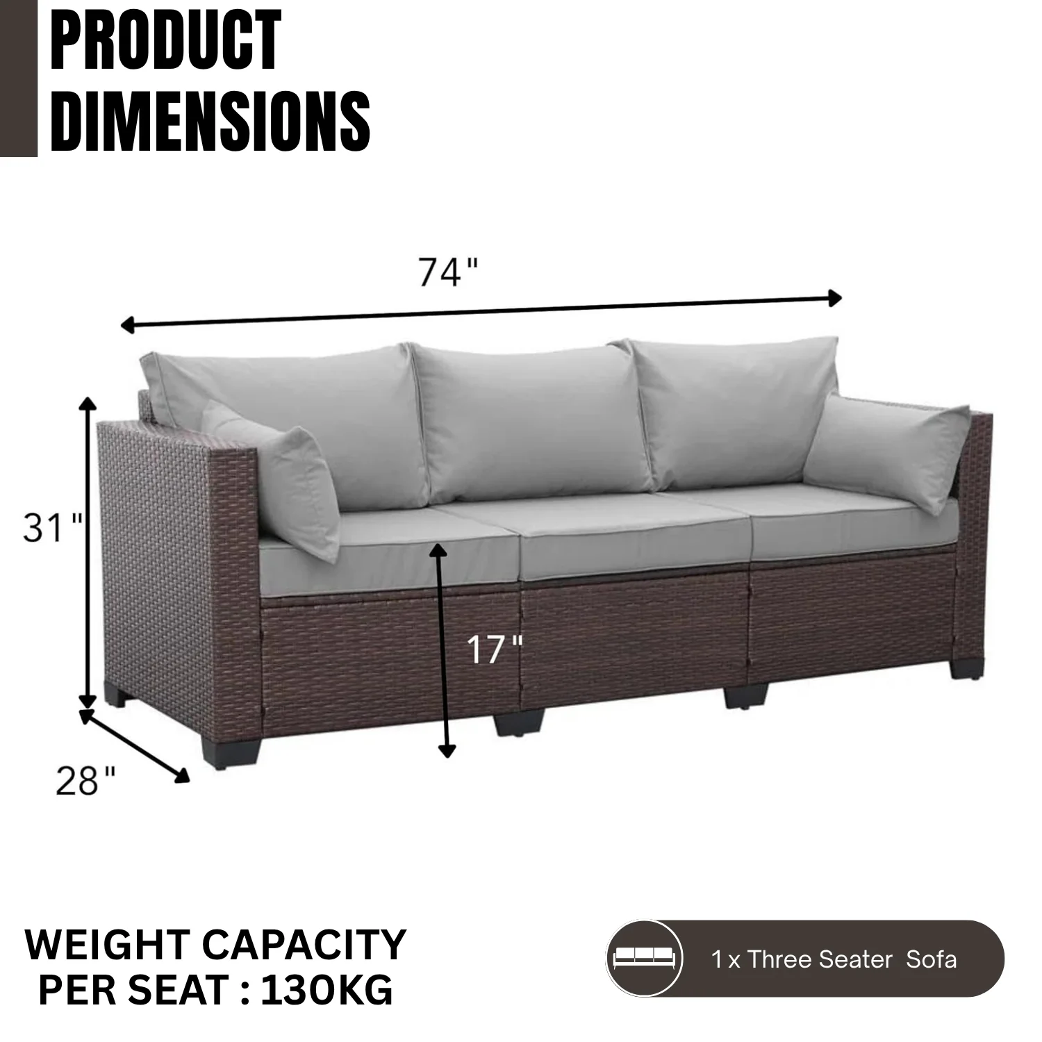 3-Seater Outdoor Rattan Wicker Patio Sofa - Image 2