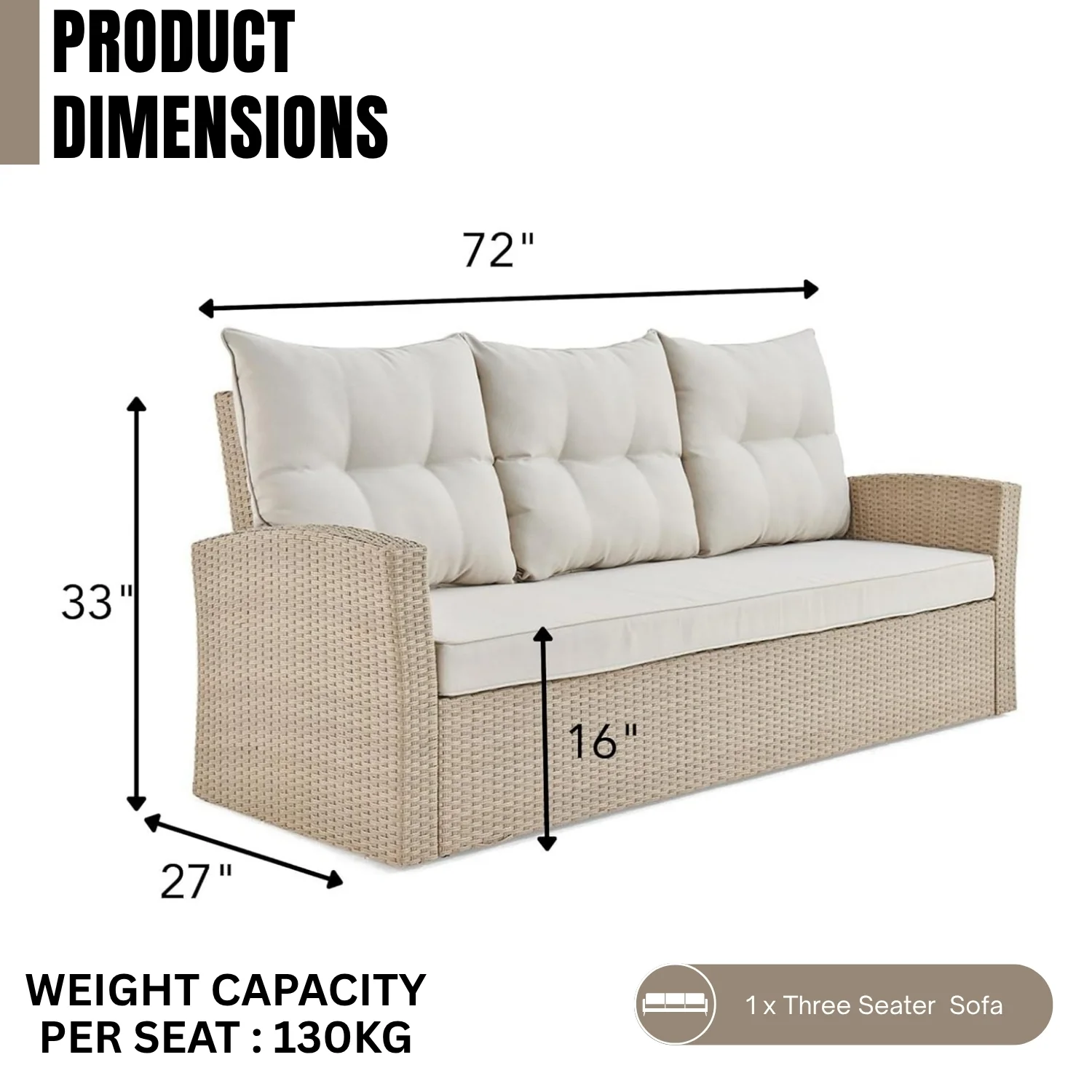 3-Seater Outdoor Rattan Wicker Patio Sofa - Image 2