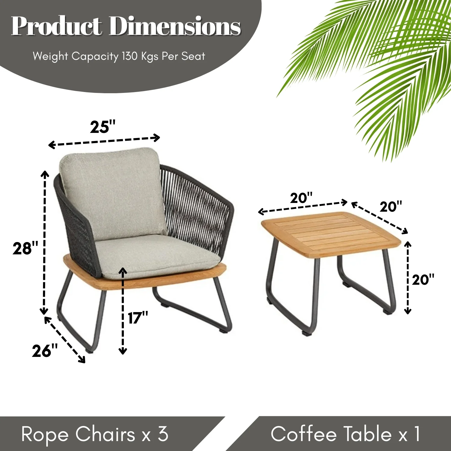 4 Piece Garden Outdoor Rope Patio Set With Wooden Top Table - Image 2