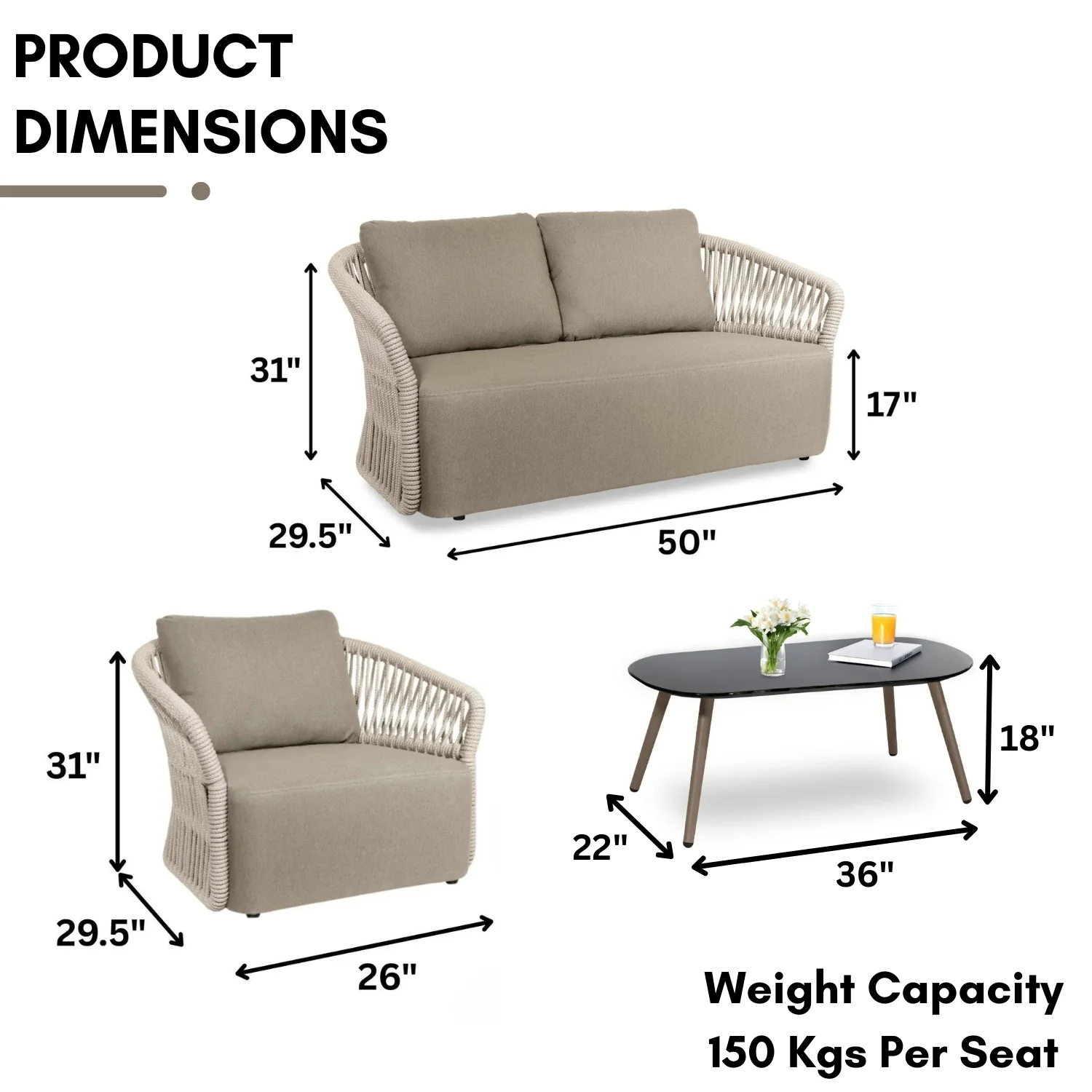 4-Piece Outdoor Braid & Rope Sofa Set (Beige & Dark Cream) - Image 2