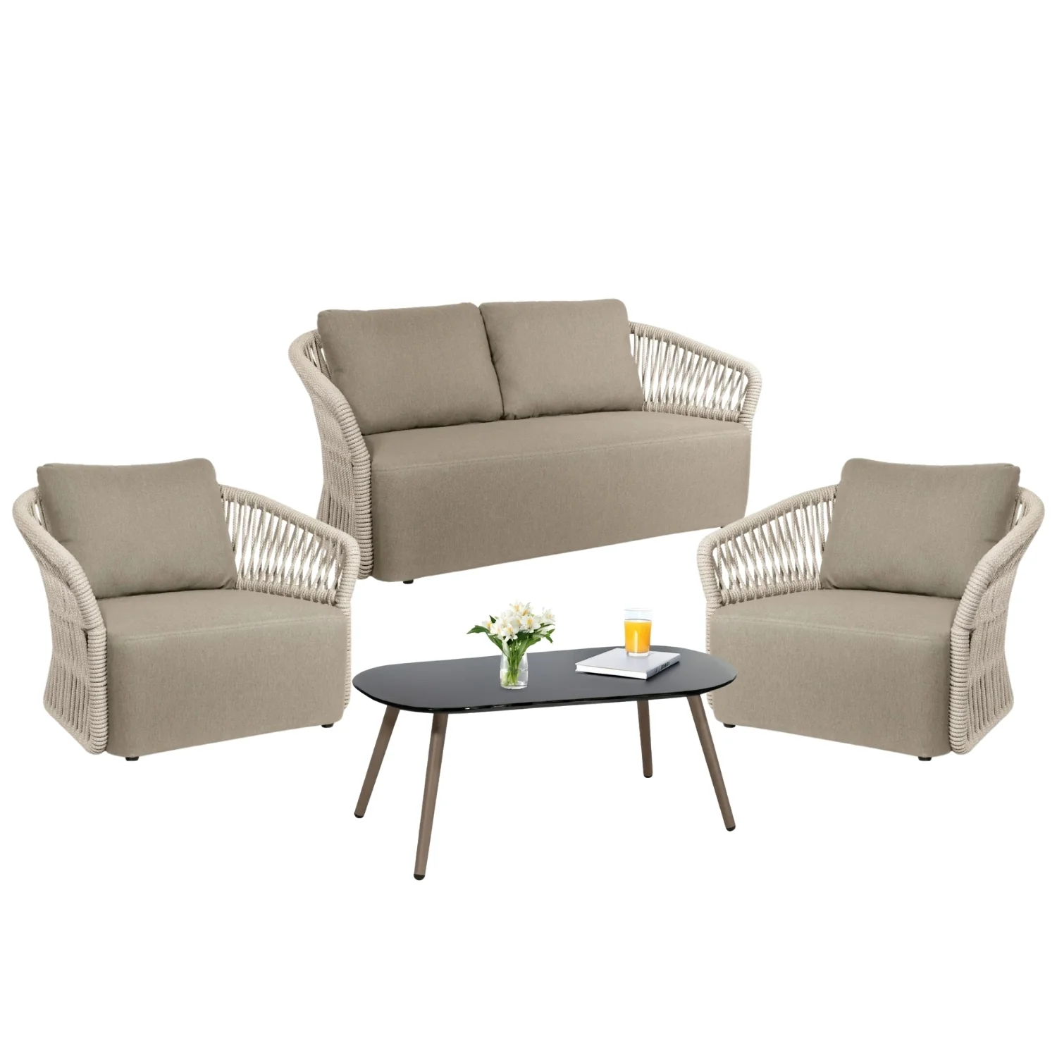 4-Piece Outdoor Braid & Rope Sofa Set (Beige & Dark Cream) - Image 5