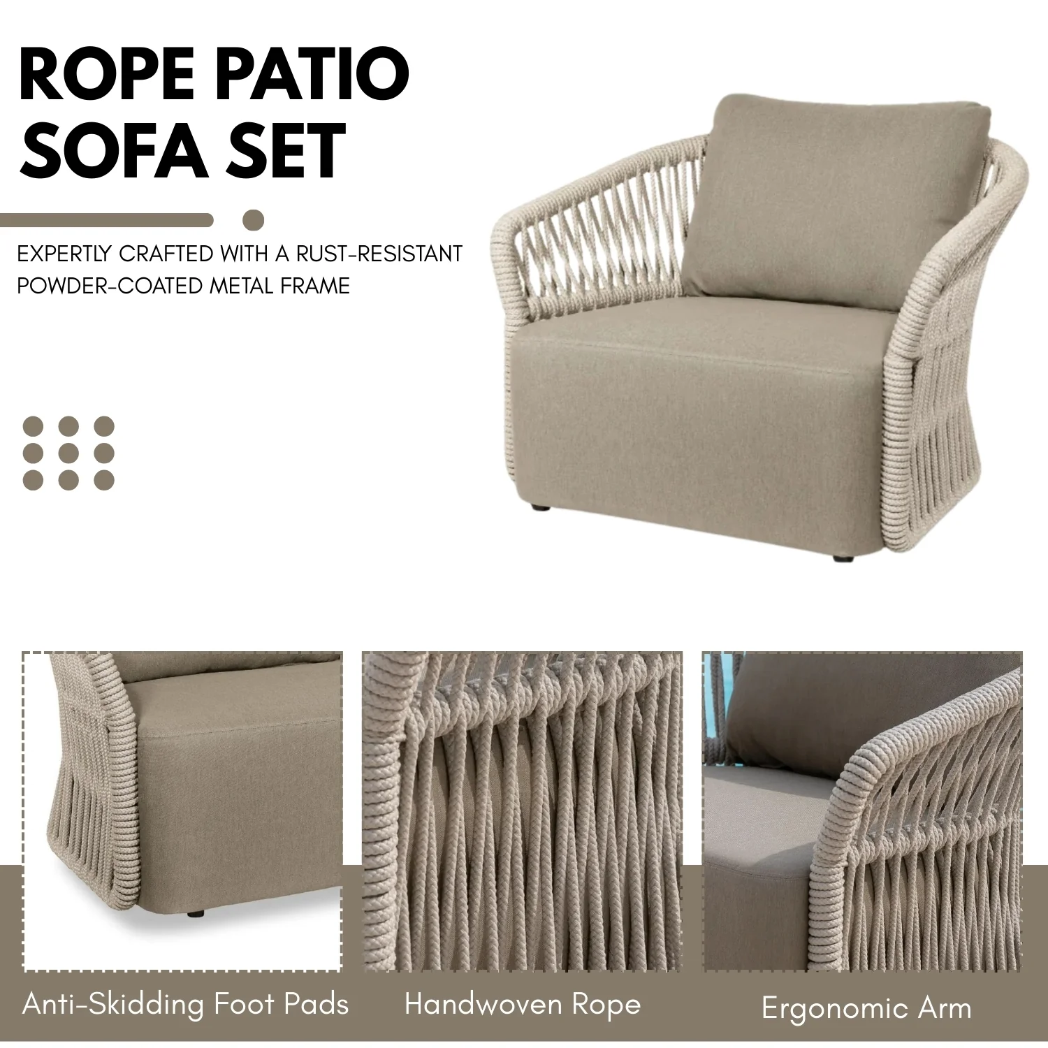 4-Piece Outdoor Braid & Rope Sofa Set (Beige & Dark Cream) - Image 6