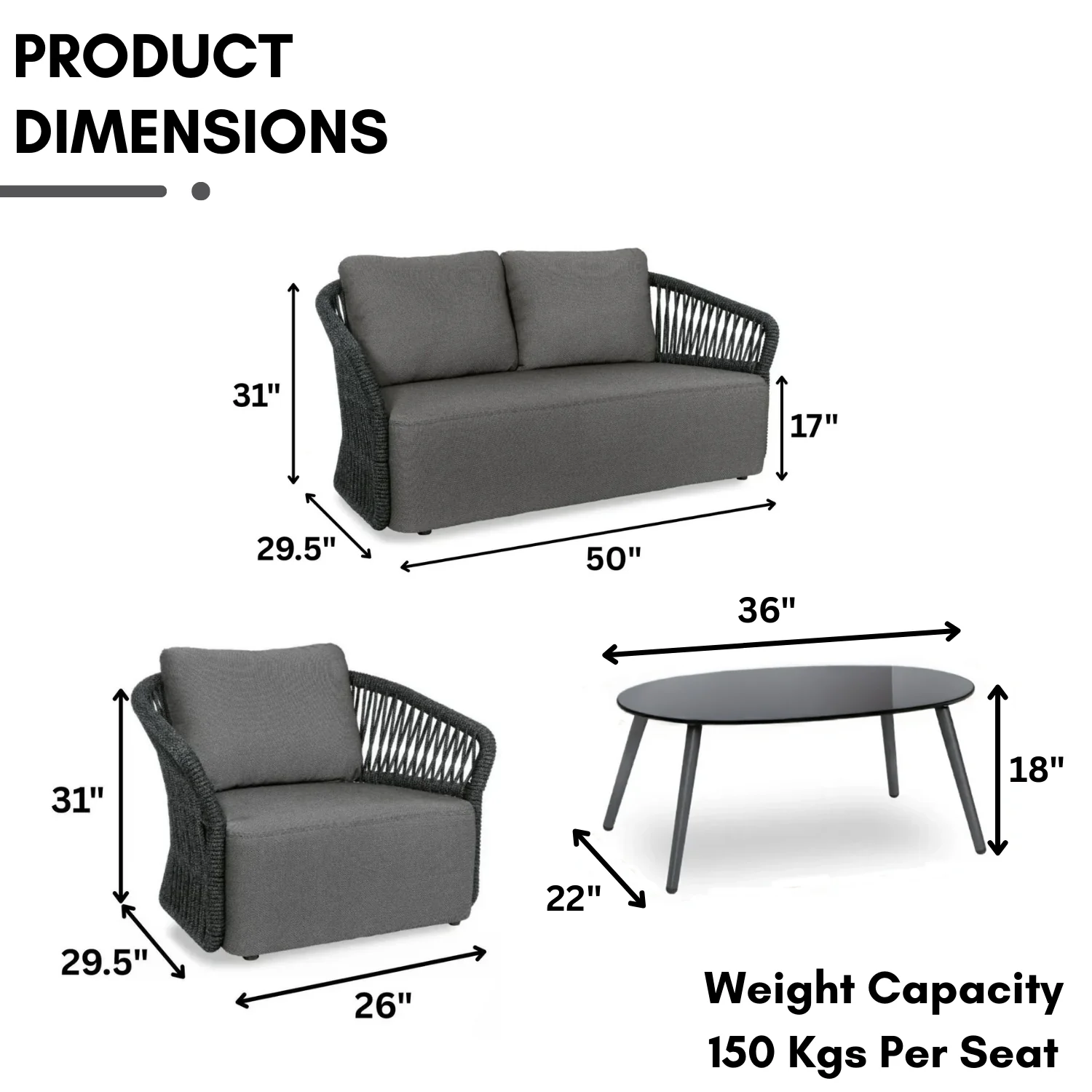 4-Piece Outdoor Braid & Rope Sofa Set (Grey) - Image 2