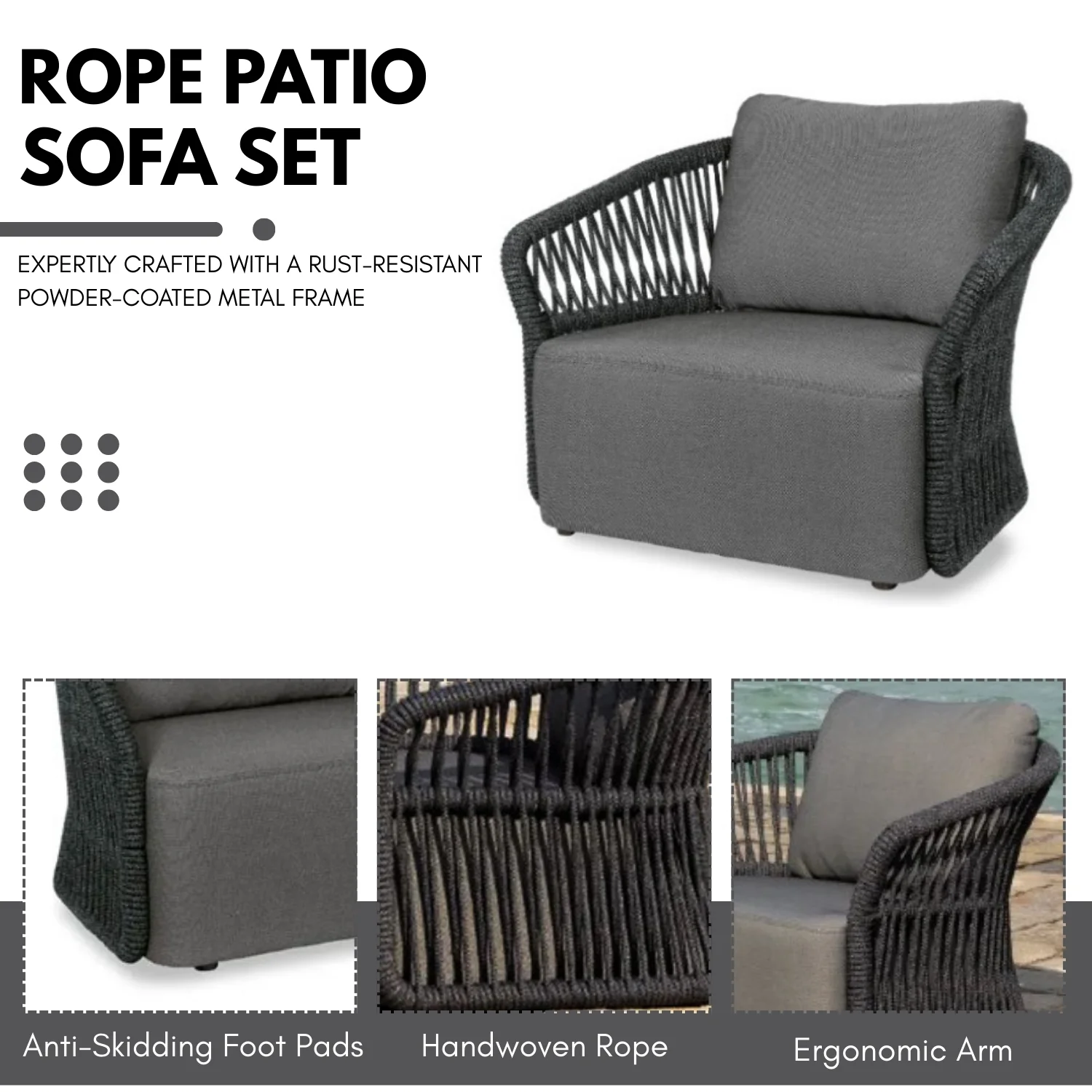4-Piece Outdoor Braid & Rope Sofa Set (Grey) - Image 6