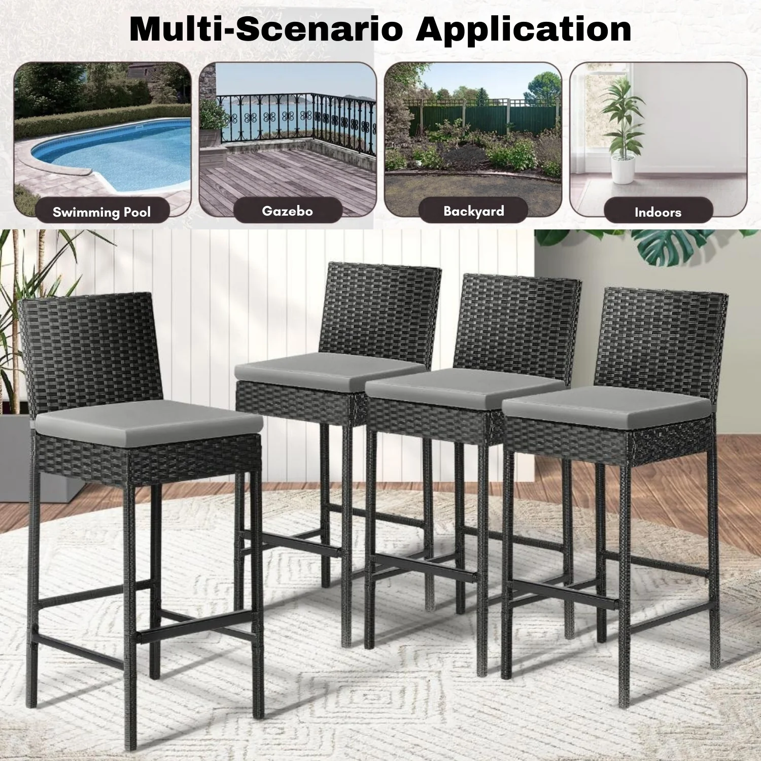 4-Piece Outdoor Rattan Wicker Bar Chairs - Image 9