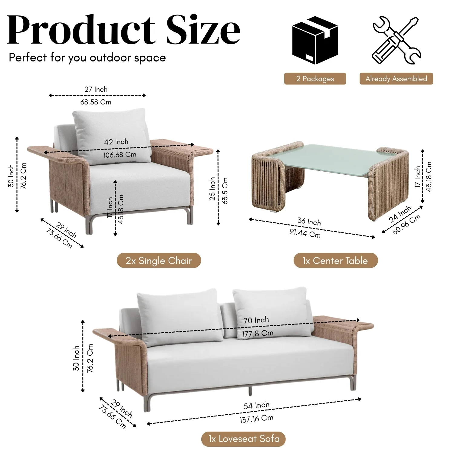 4-Piece Outdoor Rope Patio Conversation Set (Beige & Off-White) - Image 2