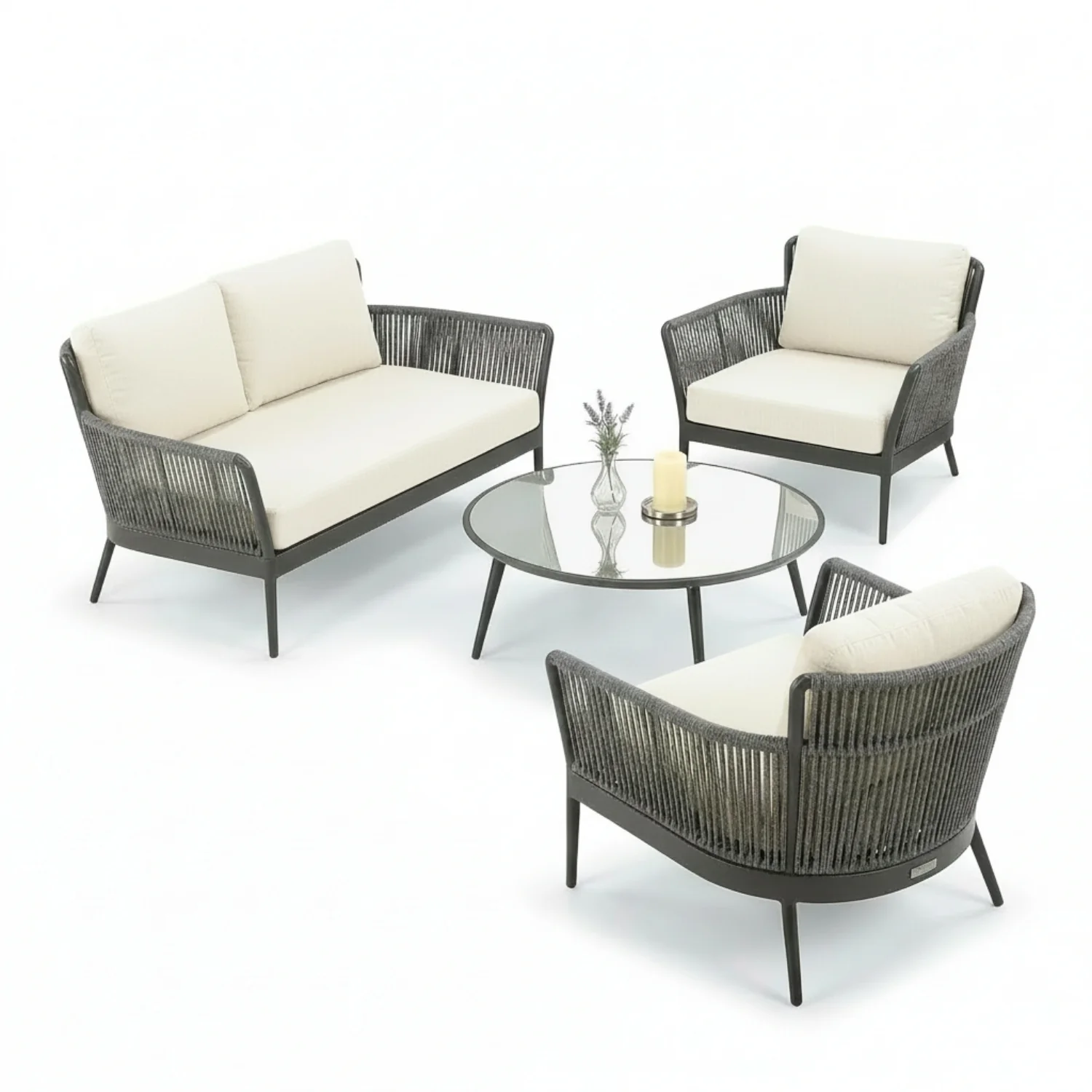 4-Piece Outdoor Rope Patio Furniture Set with Glass Top Table (Grey & Off-White) - Image 12