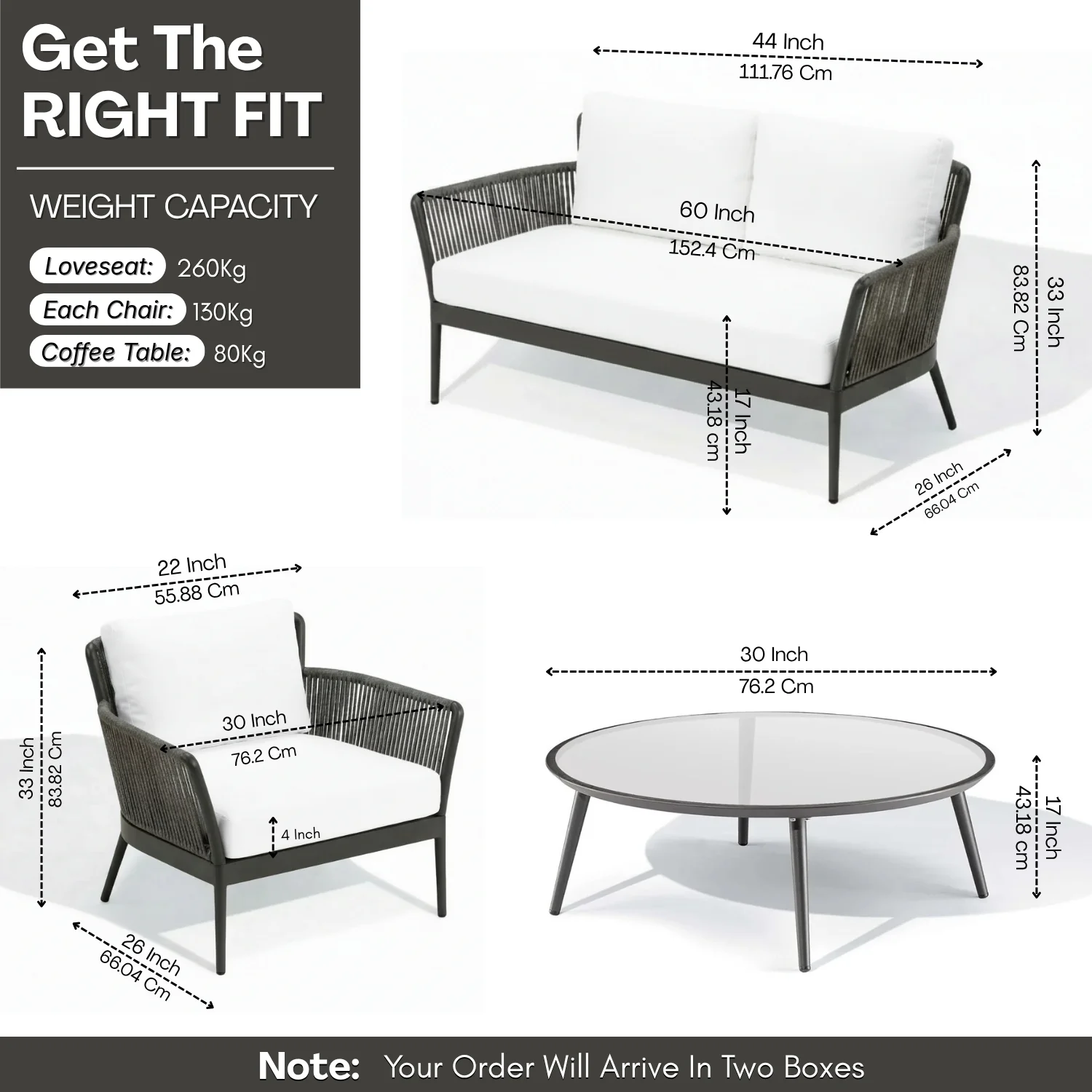 4-Piece Outdoor Rope Patio Furniture Set with Glass Top Table (Grey & Off-White) - Image 2