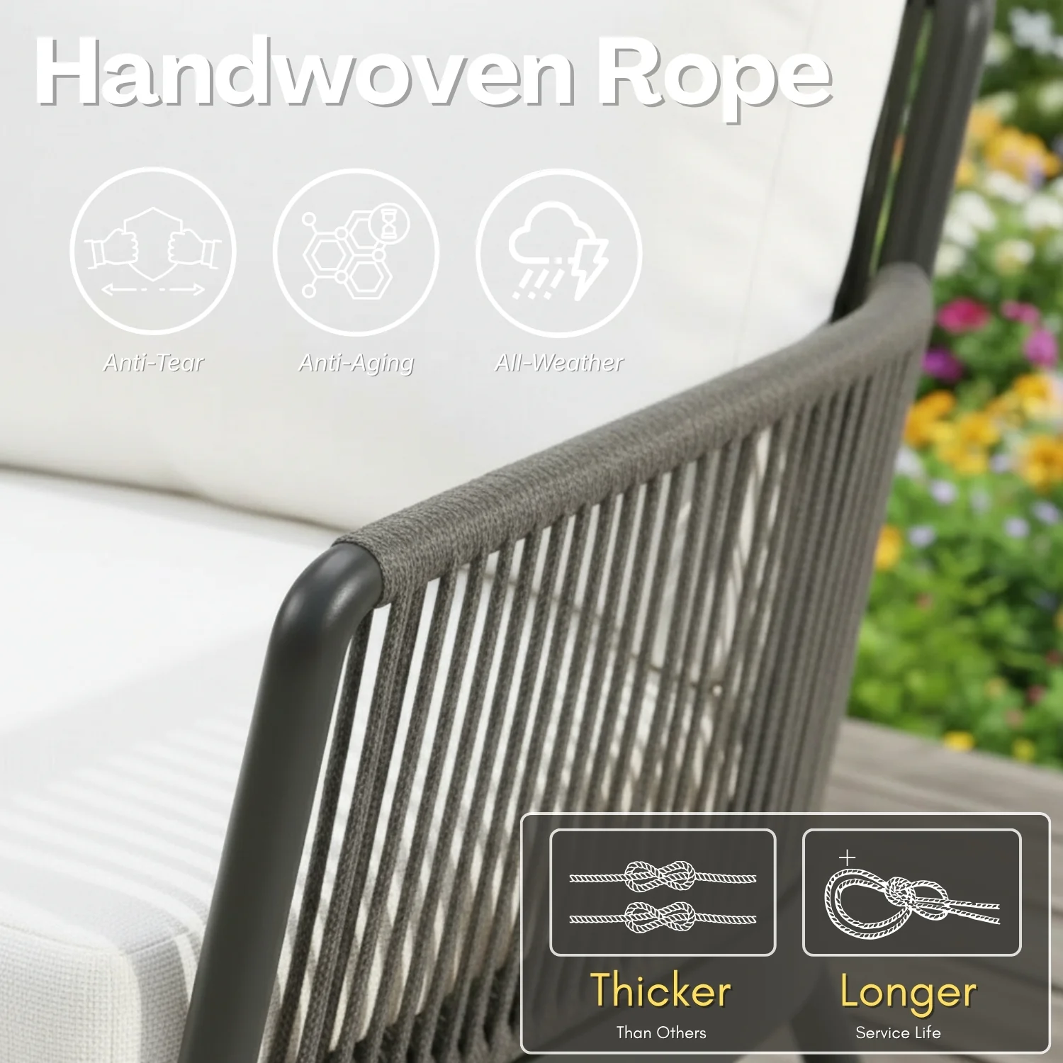 4-Piece Outdoor Rope Patio Furniture Set with Glass Top Table (Grey & Off-White) - Image 4