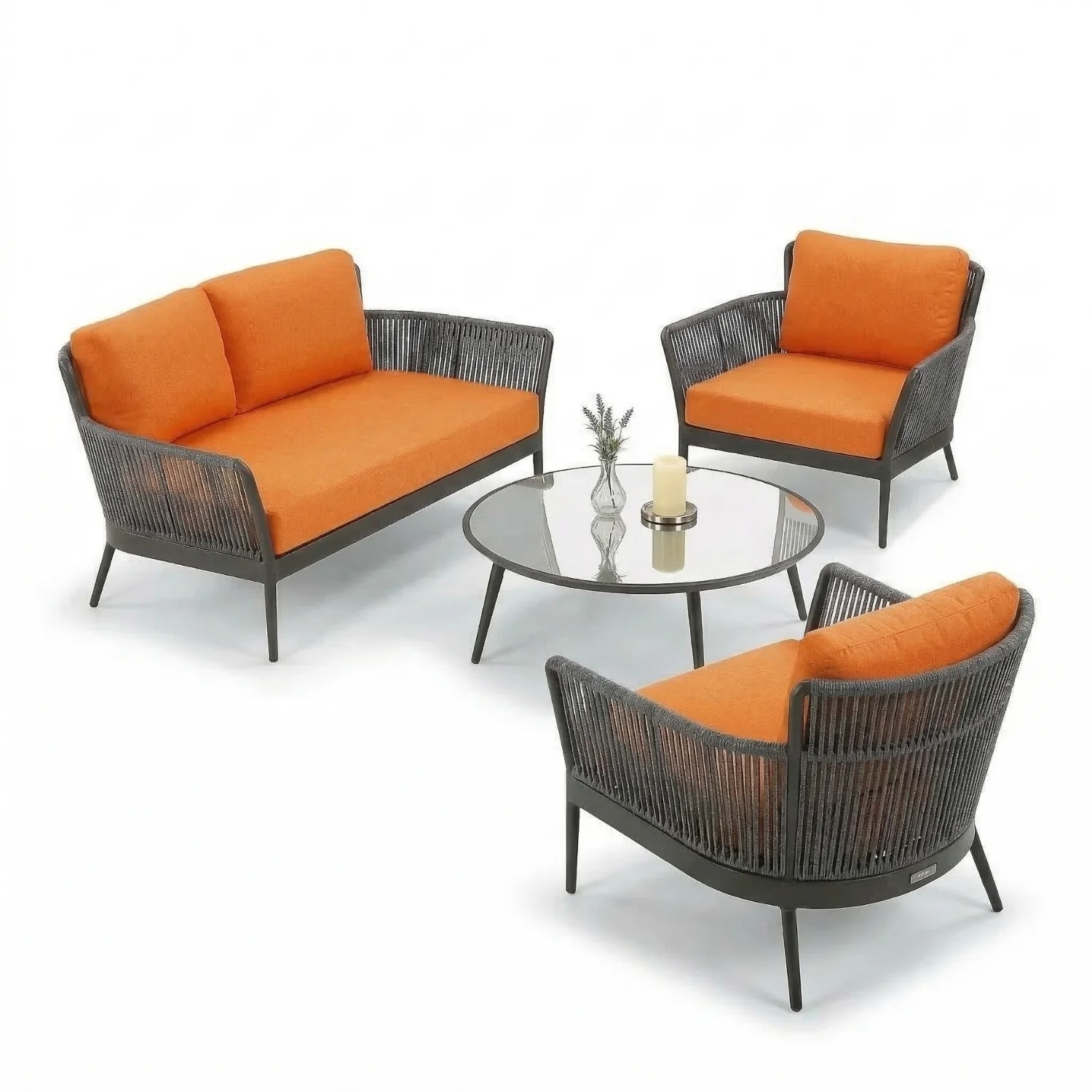 4-Piece Outdoor Rope Patio Furniture Set with Glass Top Table (Grey & Orange) - Image 12