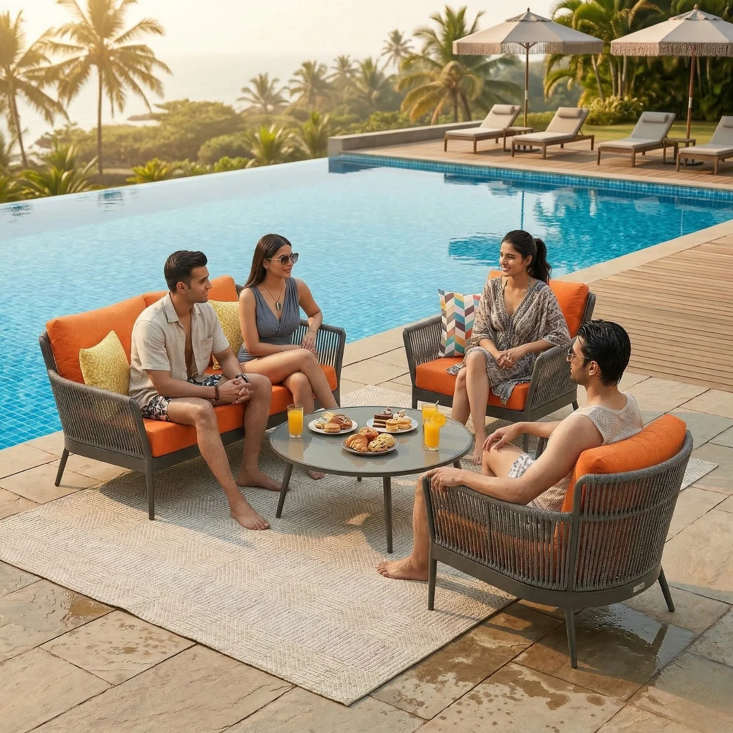 4-Piece Outdoor Rope Patio Furniture Set with Glass Top Table (Grey & Orange) - Image 13
