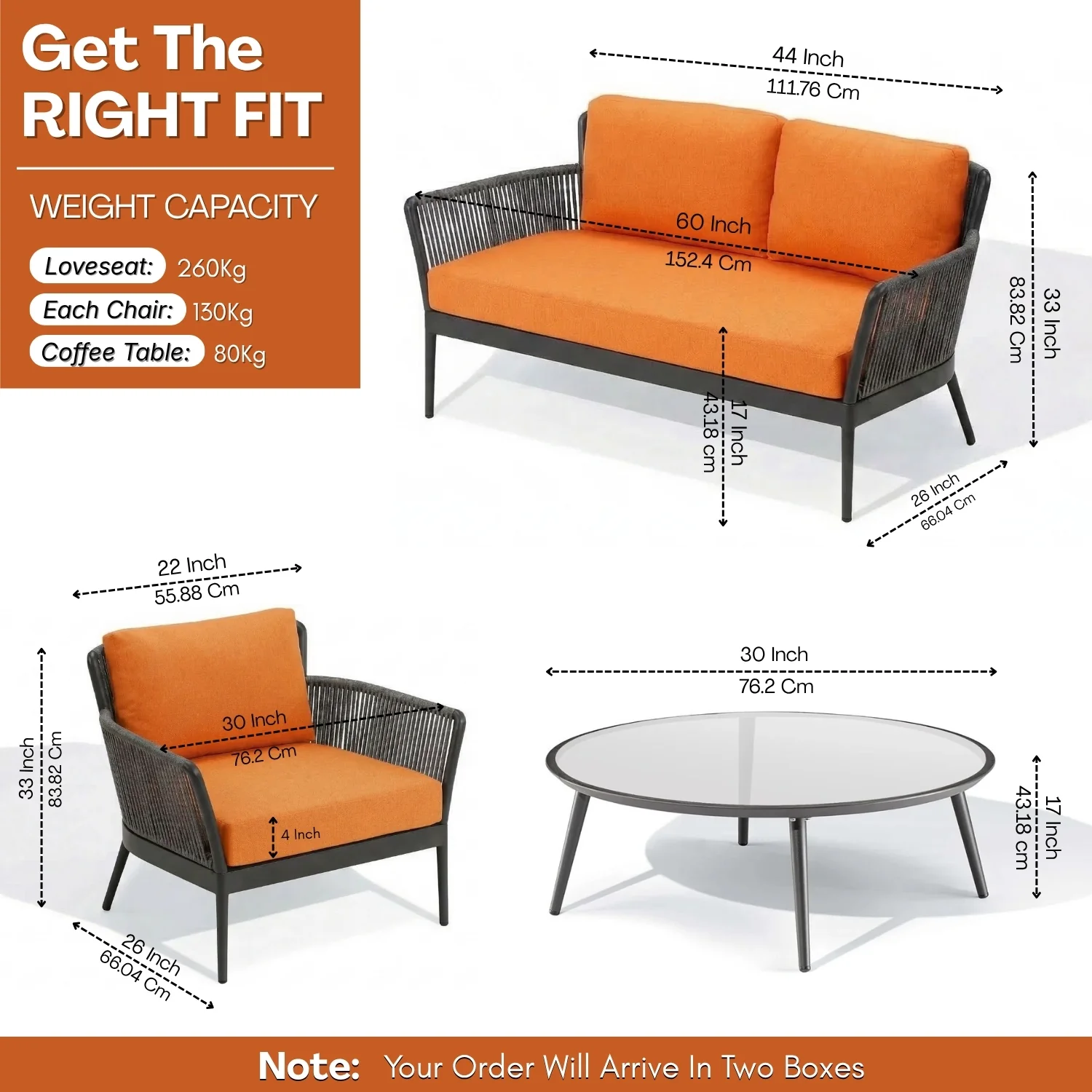 4-Piece Outdoor Rope Patio Furniture Set with Glass Top Table (Grey & Orange) - Image 2