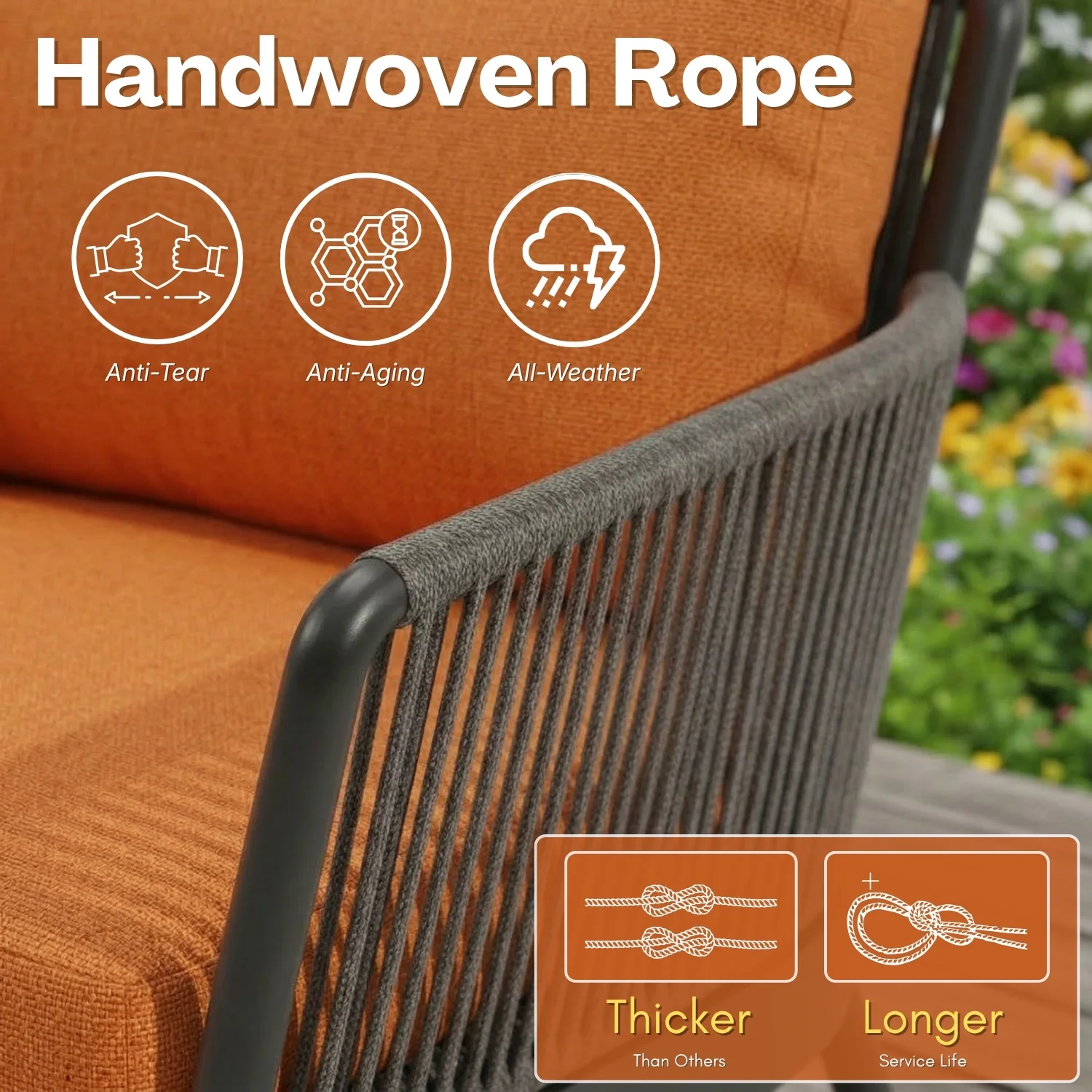 4-Piece Outdoor Rope Patio Furniture Set with Glass Top Table (Grey & Orange) - Image 4
