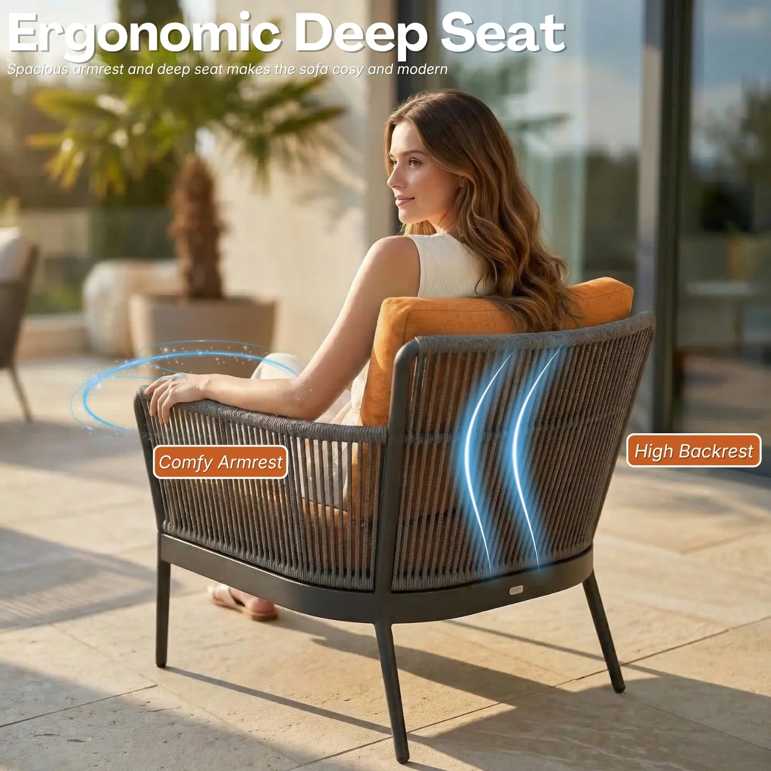4-Piece Outdoor Rope Patio Furniture Set with Glass Top Table (Grey & Orange) - Image 5
