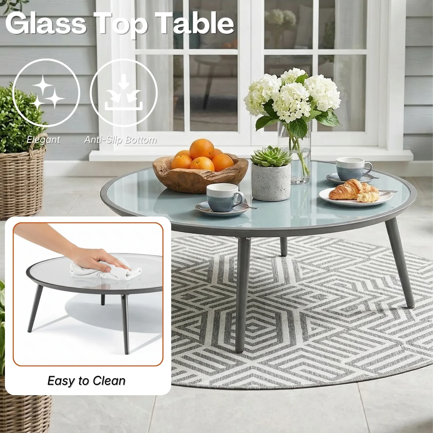4-Piece Outdoor Rope Patio Furniture Set with Glass Top Table (Grey & Orange) - Image 8
