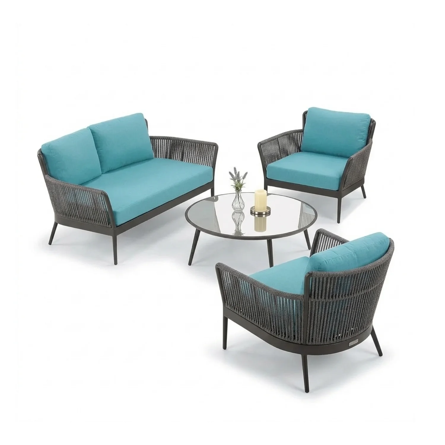 4-Piece Outdoor Rope Patio Furniture Set with Glass Top Table (Grey & Sky-Blue) - Image 12