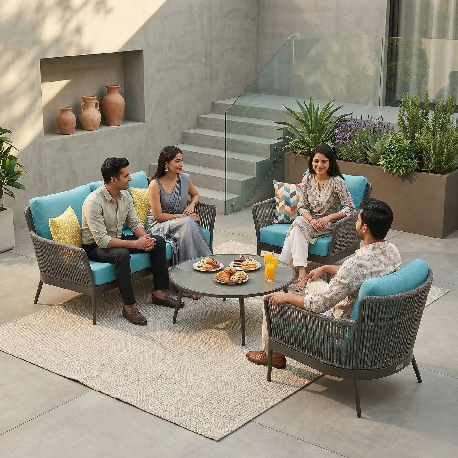 4-Piece Outdoor Rope Patio Furniture Set with Glass Top Table (Grey & Sky-Blue) - Image 13