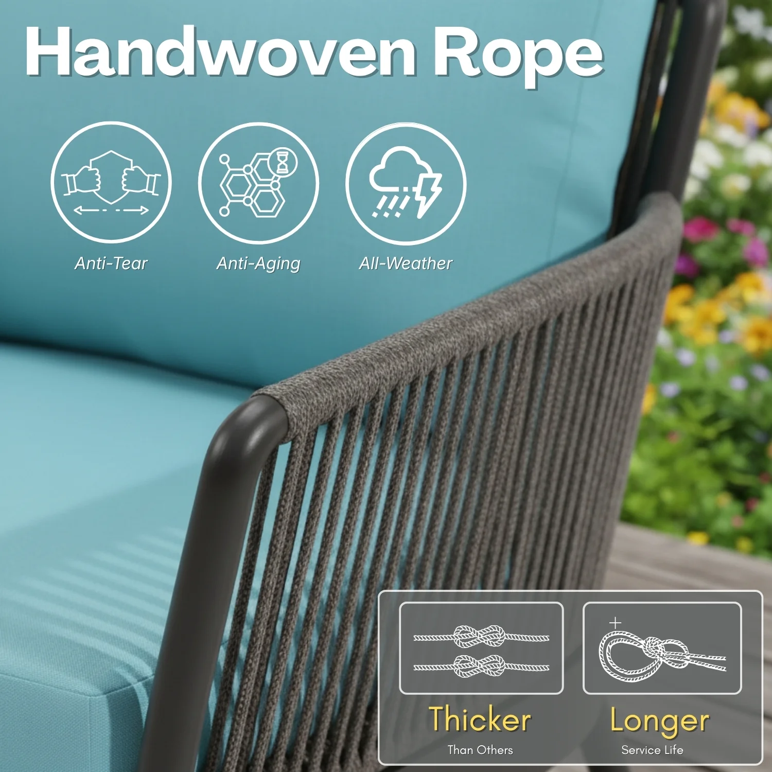 4-Piece Outdoor Rope Patio Furniture Set with Glass Top Table (Grey & Sky-Blue) - Image 4