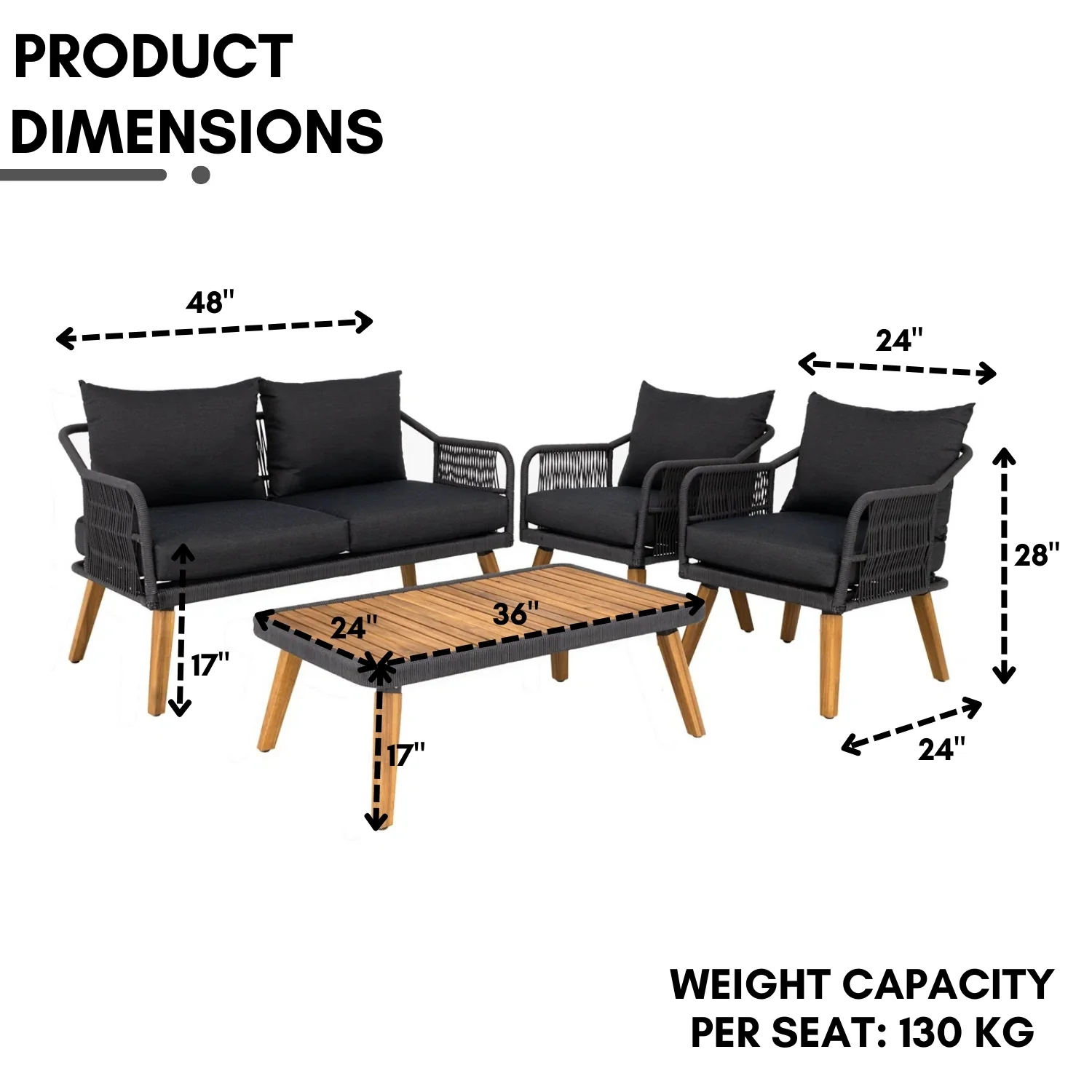 4-Piece Outdoor Rope Patio Furniture Set with Wood-Top Table - Image 2